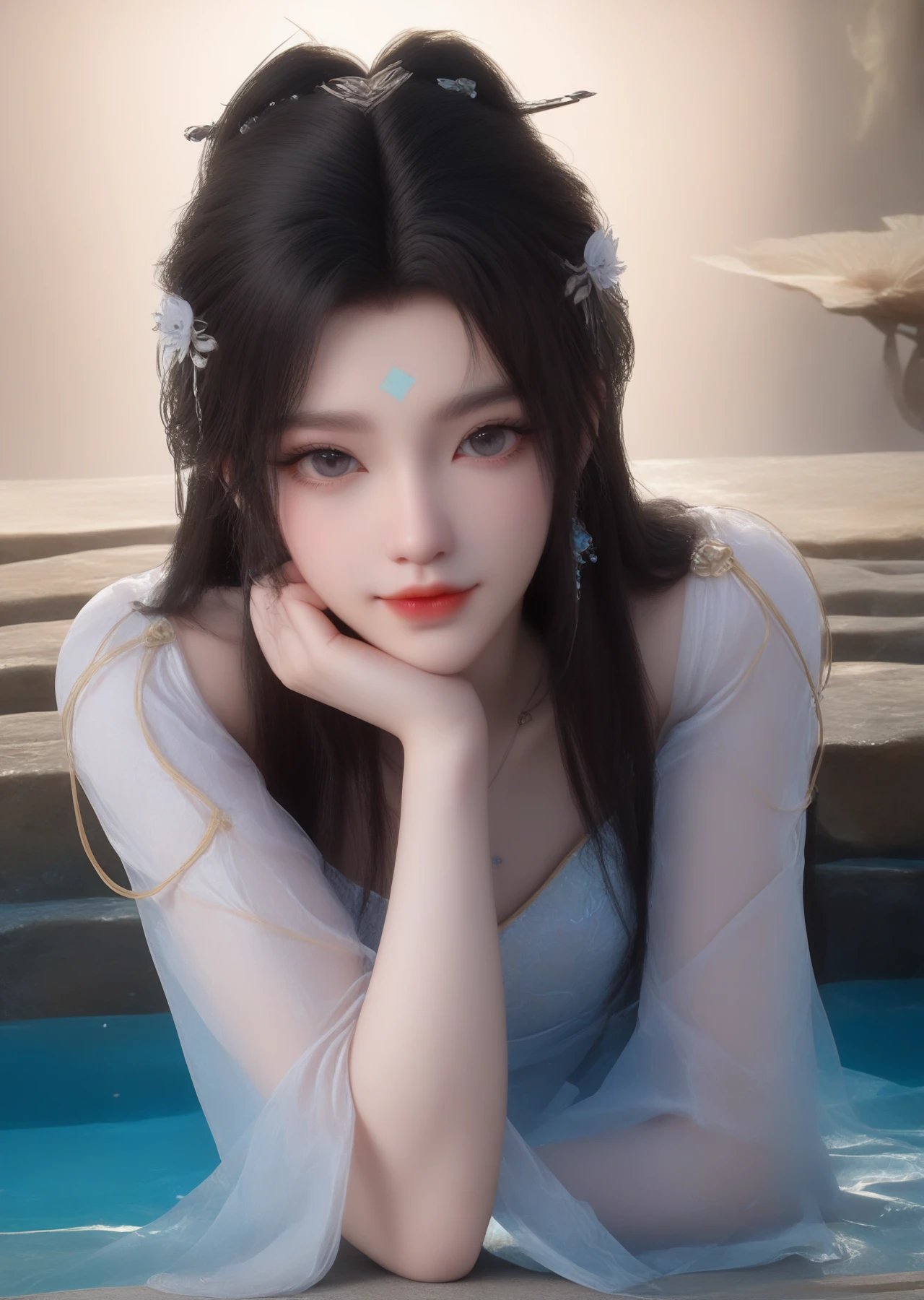 (looking_at_viewer:1.4),full_shot,chin_rest,bunching_hair,lying_on_water,1girl,solo,dress,hair ornament,portiart,from front,masterpiece,(best quality),official art,extremely detailed cg 8k wallpaper,crystalstexture skin,(extremely delicate and beautiful),solo,realistic,photo_\(medium\),hiqcgbody,chinese background,eye-contact,(smile:0.7),jewelry,absurdres,incredibly absurdres,huge filesize,<lora:æ¸
漪_V1-000001:1>,
