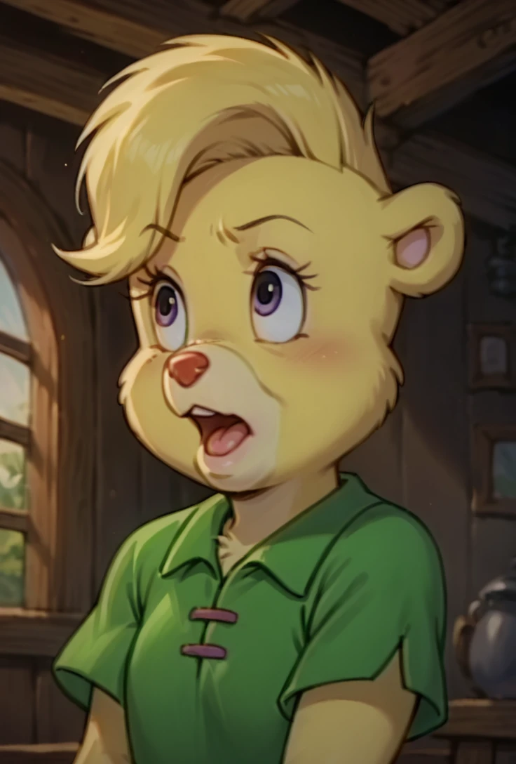 score_9, score_8_up, score_7_up, score_6_up, source_anime, highly detailed, Sunni Gummi, Sunni, solo, open mouth, shirt, 1girl, upper body, short sleeves, female focus, indoors, furry, green shirt, furry female, body fur, <lora:Gummi bears Beta:0.9>