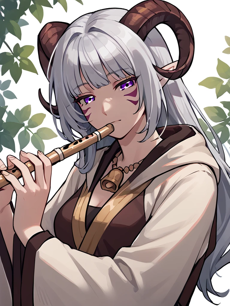 <lora:flute:0.8> flute, holding instrument,, source_furry, score_7_up, rating_safe, cowboy shot, gold necklace, tiefing, short pointed ears,brown horns, (a pair of brown sheep Horns that begin at her temples and curve back: 1.5), bangs,long silver hair long wavy hair, pale skin,<lora:whisker_markings:0.8> whisker_markings:1.4 , pointy ears, purple eyes:1.2, <lora:age_slider_v4:0.6> medium breasts, skinny female, close up, silver hair, <lora:Tieflingnew weird fantasyDND:0.3> Tiefling, pointed ears, horns, half-closed eyes:1.5,<lora:Smooth Style 2 SDXL_LoRA_Pony Diffusion V6 XL:0.5> shepherd's crook, bell, robe, hood off, <lora:Nanoless_Artist_Style_PonyXL:0.3> shaded face:1.2,