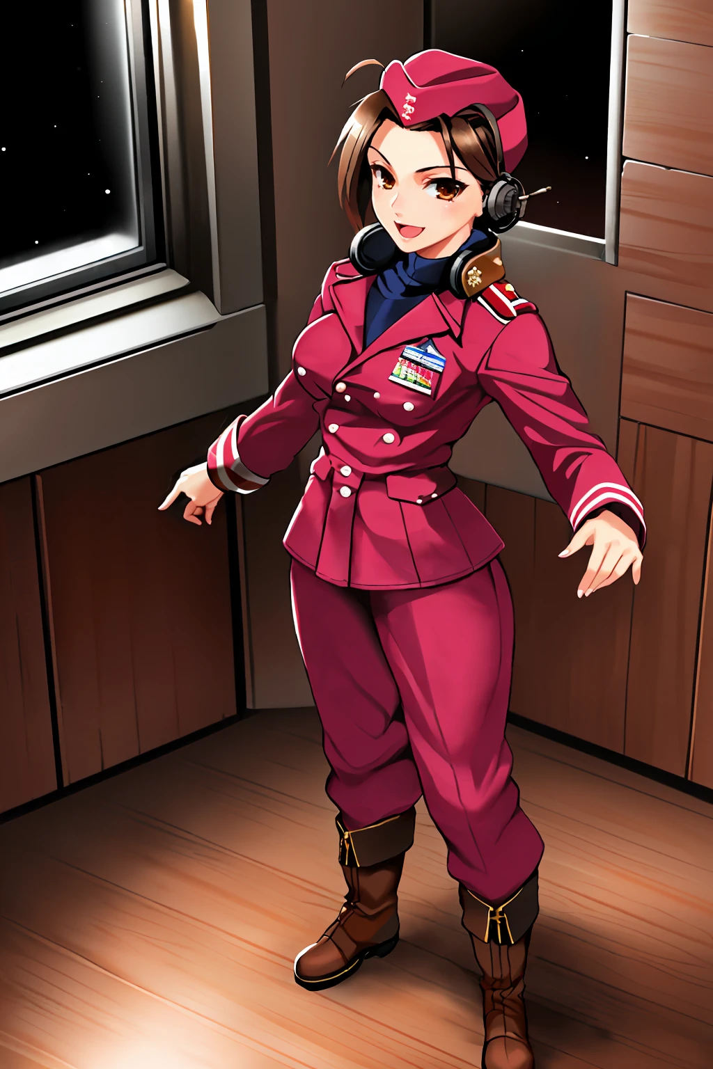 masterpiece,best quality,1girl,solo,marymiyabi, <lora:MaryMiyabi15:0.85>,standing,hat,uniform,pants,headphones,boots,full body,indoors,in space station,no windows,straight on,ahoge,happy,medium breasts,:d, clothes