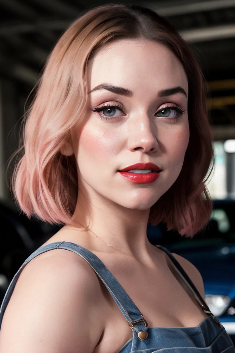 gcc-4425,((red lipstick, blush)), ((detailed skin, detailed face):1.2), ((detailed eyes, beautiful eyes):1.2), , ((red lipstick, blush, pale skin)),((detailed eyes, beautiful eyes, detailed face, beautiful face)), , photo of a woman, overalls, car, garage, smiling, wrench, ((mechanic, short hair)),