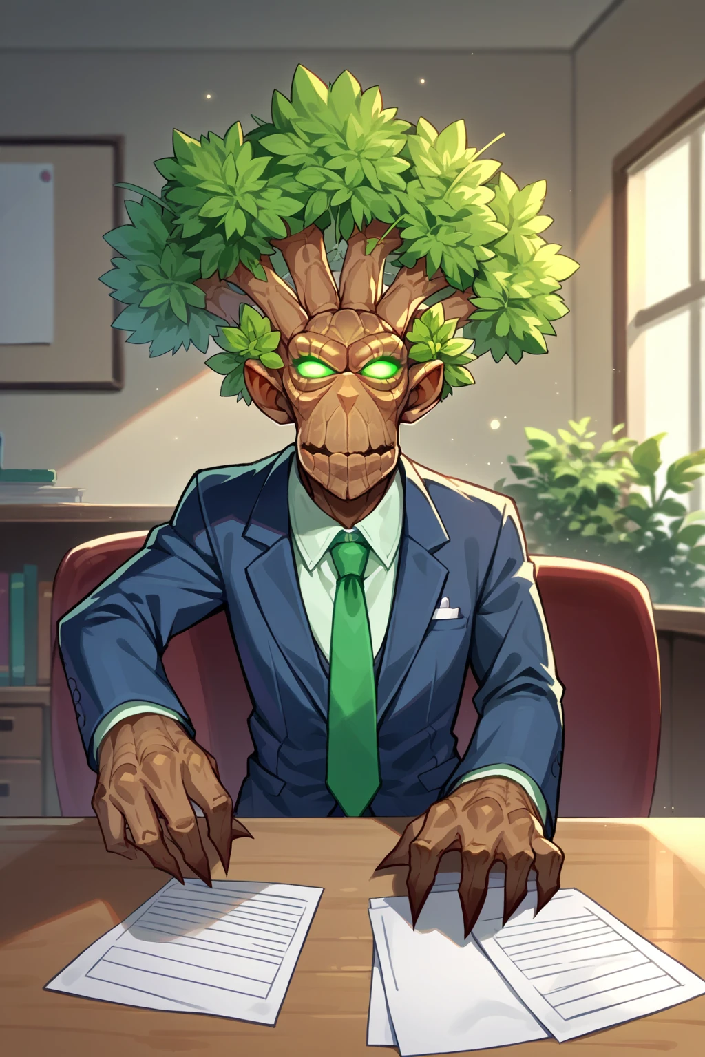 score_9, score_8_up, score_7_up, source_anime, solo, <lora:NSTreantWoW:1> NSTreantWoW, brown skin, green eyes, glowing eyes, green hair, short hair, monster, suit, red necktie, formal, collared shirt, office, indoors