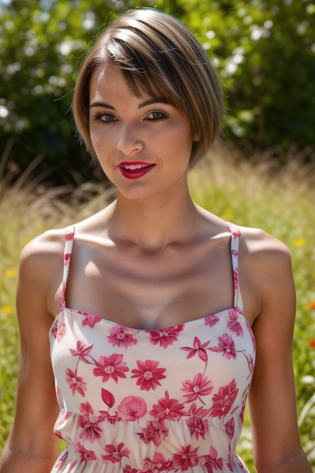 rsix, ,((red lipstick, blush)), ((detailed skin, detailed face):1.2), ((detailed eyes, beautiful eyes):1.2), ,photo of a woman, RAW, close portrait photo, ((beautiful floral print sundress)),((short hair, pixie cut)), ((outdoors, gorgeous meadow, walking)), ((detailed skin, detailed face):1.2), ((detailed eyes, beautiful eyes)), 8k uhd, dslr, soft lighting, high quality, film grain, Fujifilm XT3 sharp focus, f 5.6,((red lipstick, blush)) , slight smile, ((detailed eyes, beautiful eyes, detailed face, beautiful face))