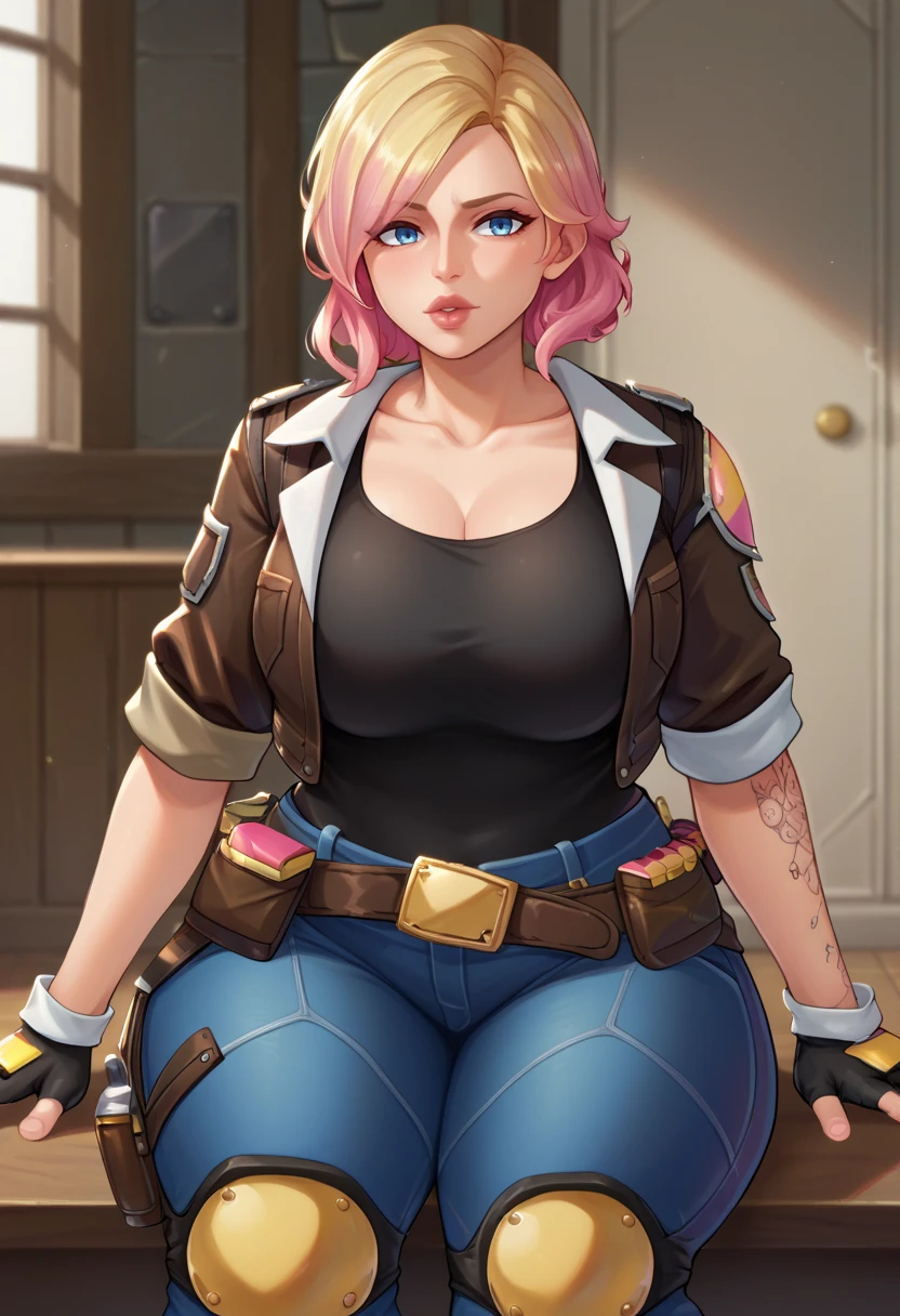 score_9,score_8_up,score_7_up BREAK <lora:penny10:1>,pennySDXL,1girl,short hair,gloves,jacket,blue eyes,pink hair,black gloves,belt,black pants,fingerless gloves,blonde hair,open jacket,lips,tattoo,denim,brown jacket,knee pads,large breasts,thighs,curvy,wide hips,cowboy shot,room,room background,sitting,