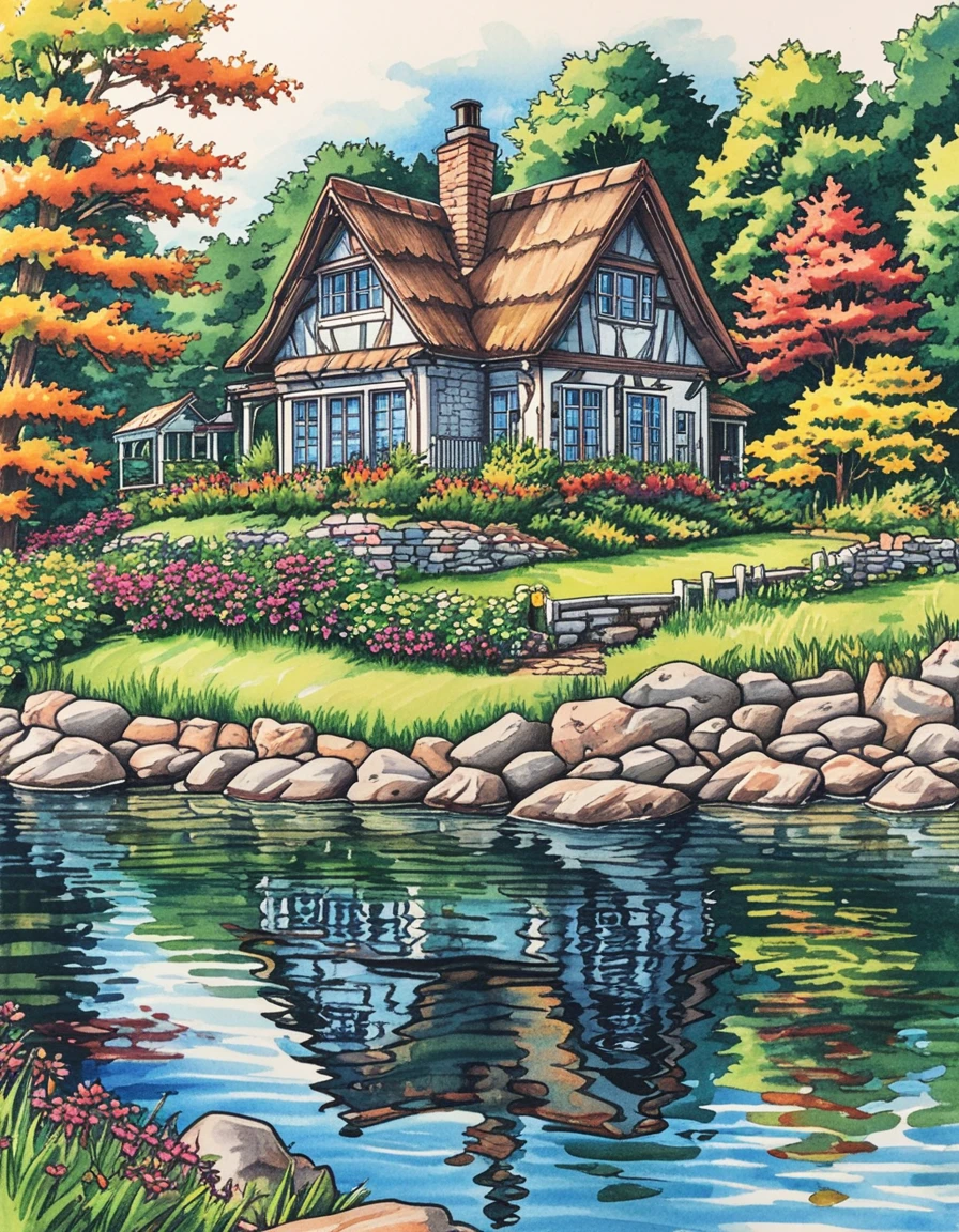 cottage by the water, style of copic marker  <lora:CBS_novuschroma41 style:.5> novuschroma41