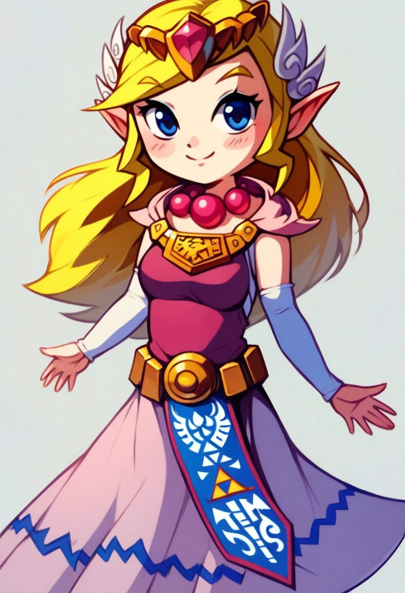 score_9, score_8_up, score_8, medium breasts, (curvy), cute, eyelashes,
BREAK,
zzToonZelda, blue eyes, bead necklace, gold necklace, tiara, triforce, dress, cowboy shot, blush, smile,
