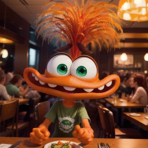 <lora:Anxiety_InsideOut_v3:0.7>,<lora:add_detail:1>,Anxiety InsideOut,1 monster,orange skin,orange-red hair,big eyes,green eyes,wide mouth,neat teeth,wide face,slender figure,solo,(green tshirt:1.2),mid-range,eating salad,crowded restaurant,, (((masterpiece))),(((best quality))),((ultra-detailed)), Hyper Real,Photorealistic,16K,high detail,high resolution