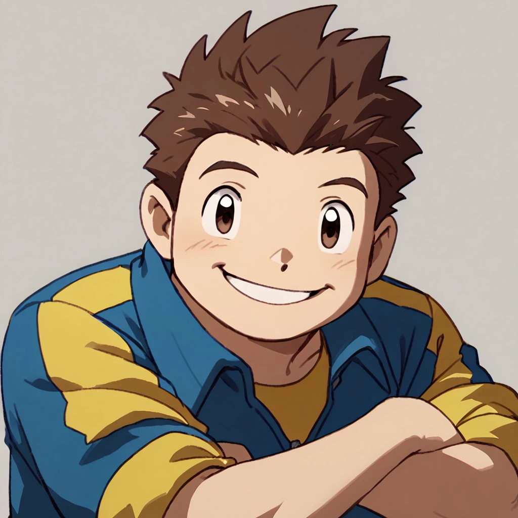 score_9, score_8_up, score_7_up BREAK JPDFr, 1boy, brown hair, brown eyes, blue jumpsuit with yellow accents, rolled-up yellow short sleeves, face closeup, smiling, stocky body, stocky build, looking at viewer, happy,