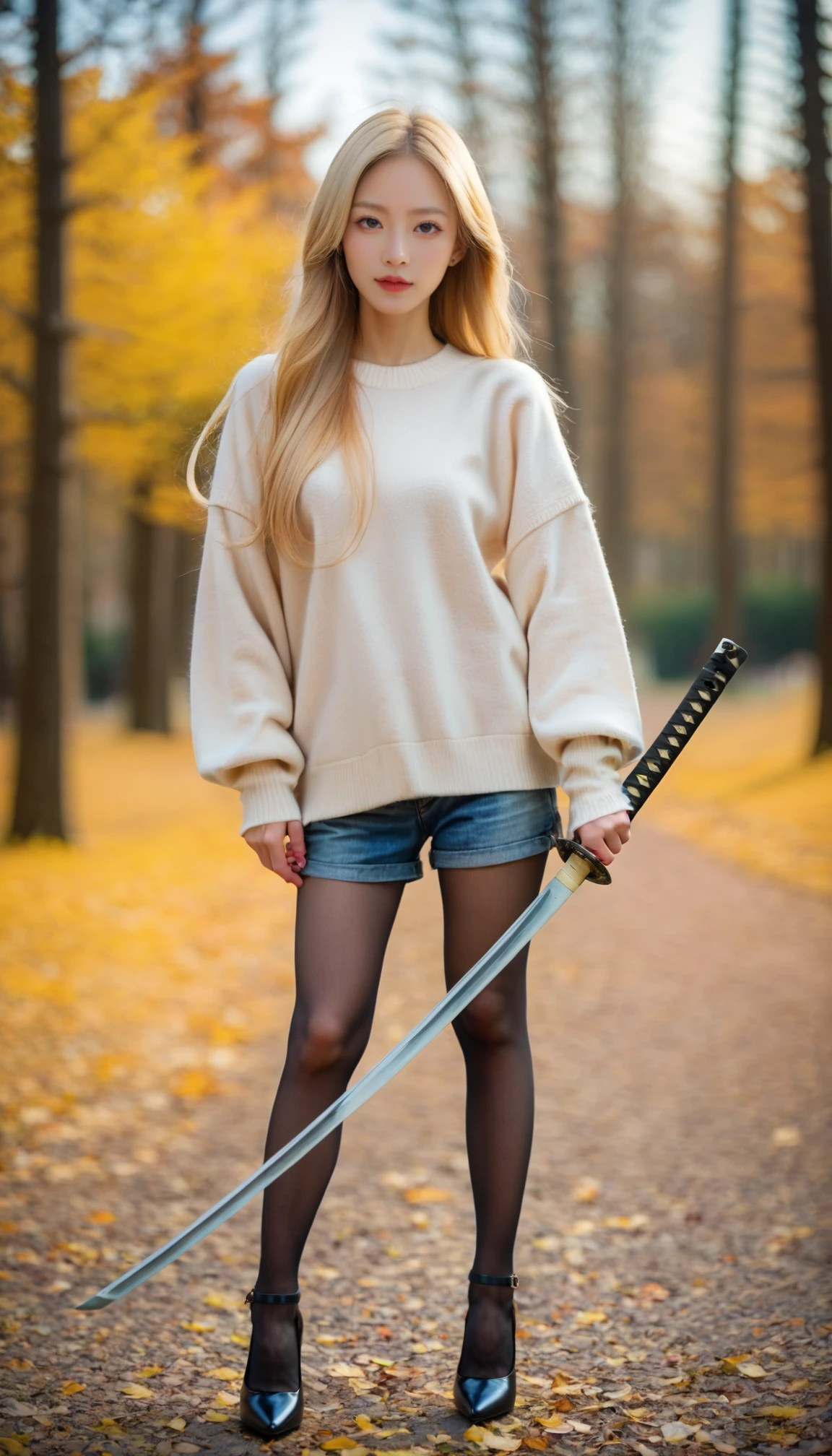 1girl, pantyhose, high heels, blonde hair, wearing shorts, sweater,   stand, realistic, photorealistic, simple background,  long hair,   masterpiece, best quality, 8k, score_9, score_8_up, score_7_up, outdoor, 
(holding katana, katana),  blur background, 
<lora:katana-2:1>