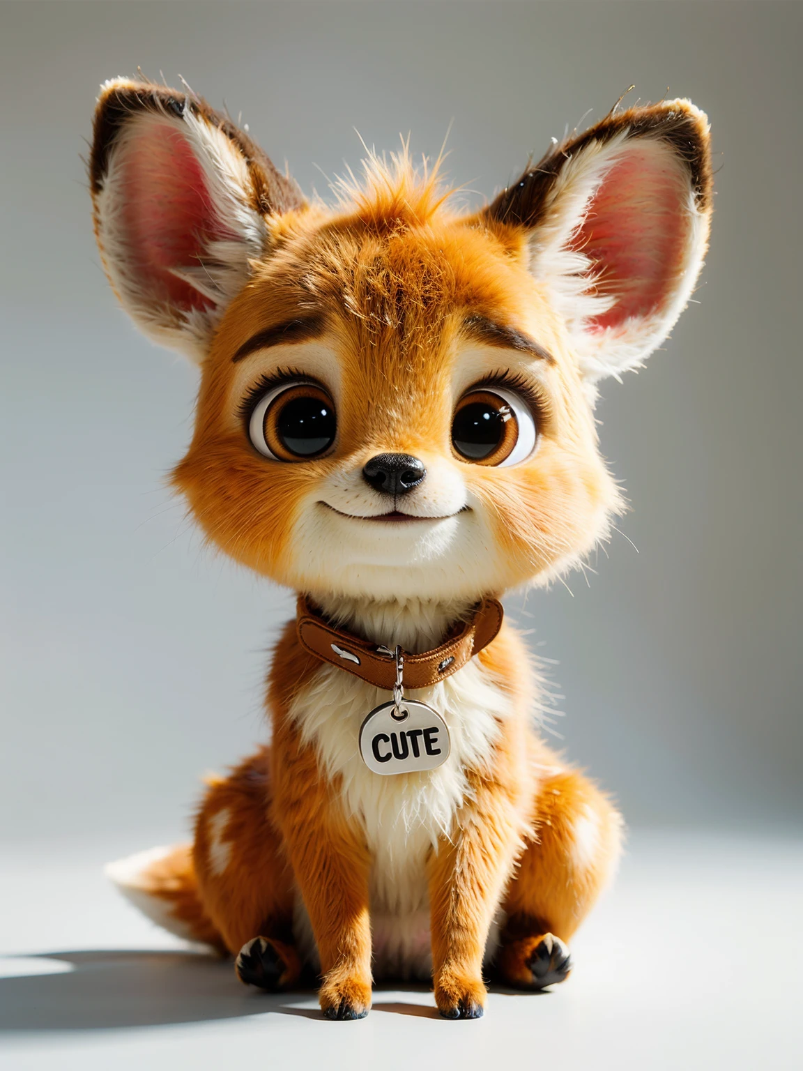 wearing a dog tag that says "cute",fluffy animal,no humans,looking at viewer,sitting,deer,light brown fur,grey background,<lora:DESAnimal:0.6>,