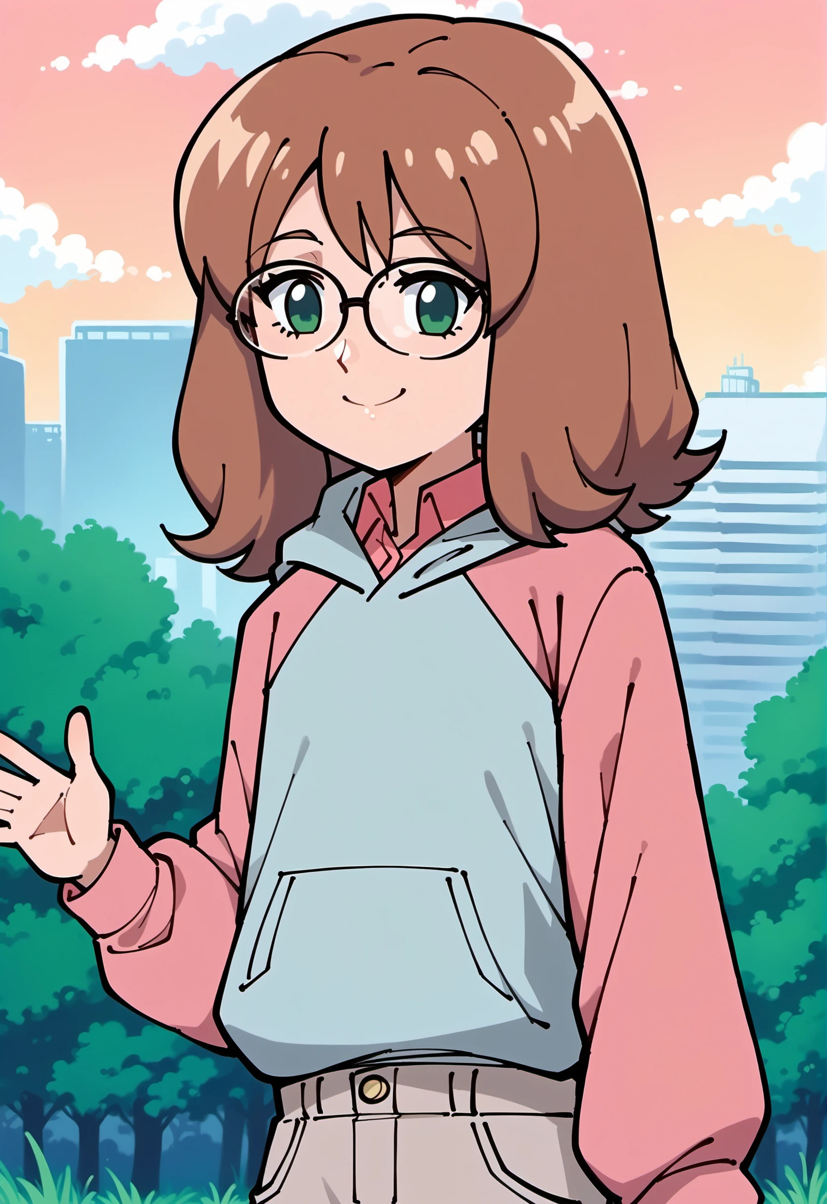 score_9, score_8_up, score_7_up, score_6_up,
BREAK
SharlaMWS, 1girl, sharla \(mujin wakusei survive\), green eyes, glasses, brown hair, medium hair, bangs, solo, small breast, cowboy shot, standing, arm behind back, waving, smile, closed mouth
BREAK
pink hoodie, hood down, long sleeves, pink collared shirt, brown shorts
BREAK
outdoors, city, cityscape, blue sky, sky, day, daylight, grass, tree, cloud <lora:Sharla_PlanetSurvival:1>