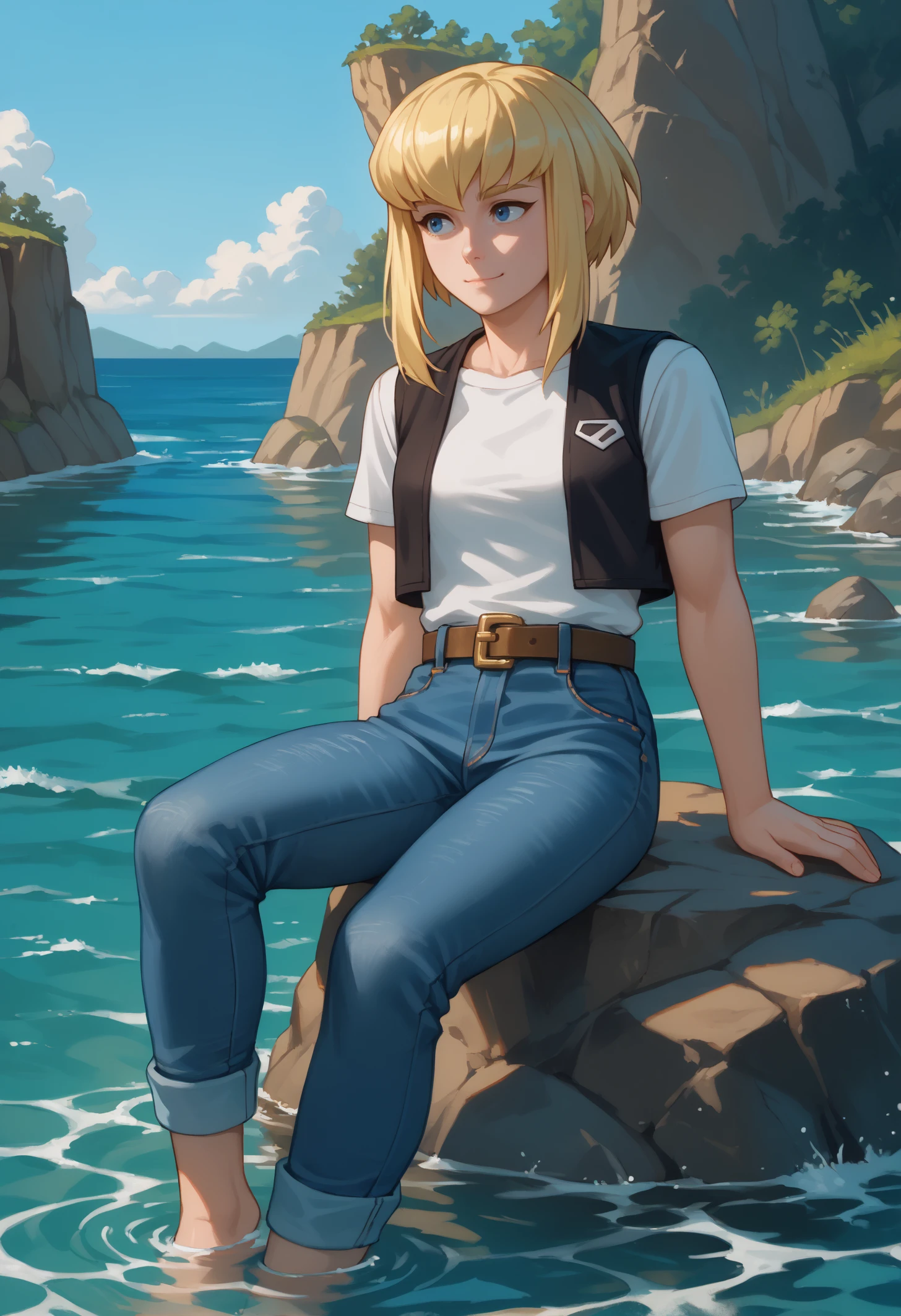 score_9, score_8_up, score_7_up, 1girl, solo, karazoreldef, blue eyes, short hair, blonde hair, medium breasts, toned,
black vest, white t-shirt, belt, denim jeans,
light smile, sitting on rock, leaning back, looking afar, feet in water,
outdoors, cliffside, water, ocean, wide shot,
<lora:Kara-Zor-ElPDXL_V1-Manityro-CAME:1.0>