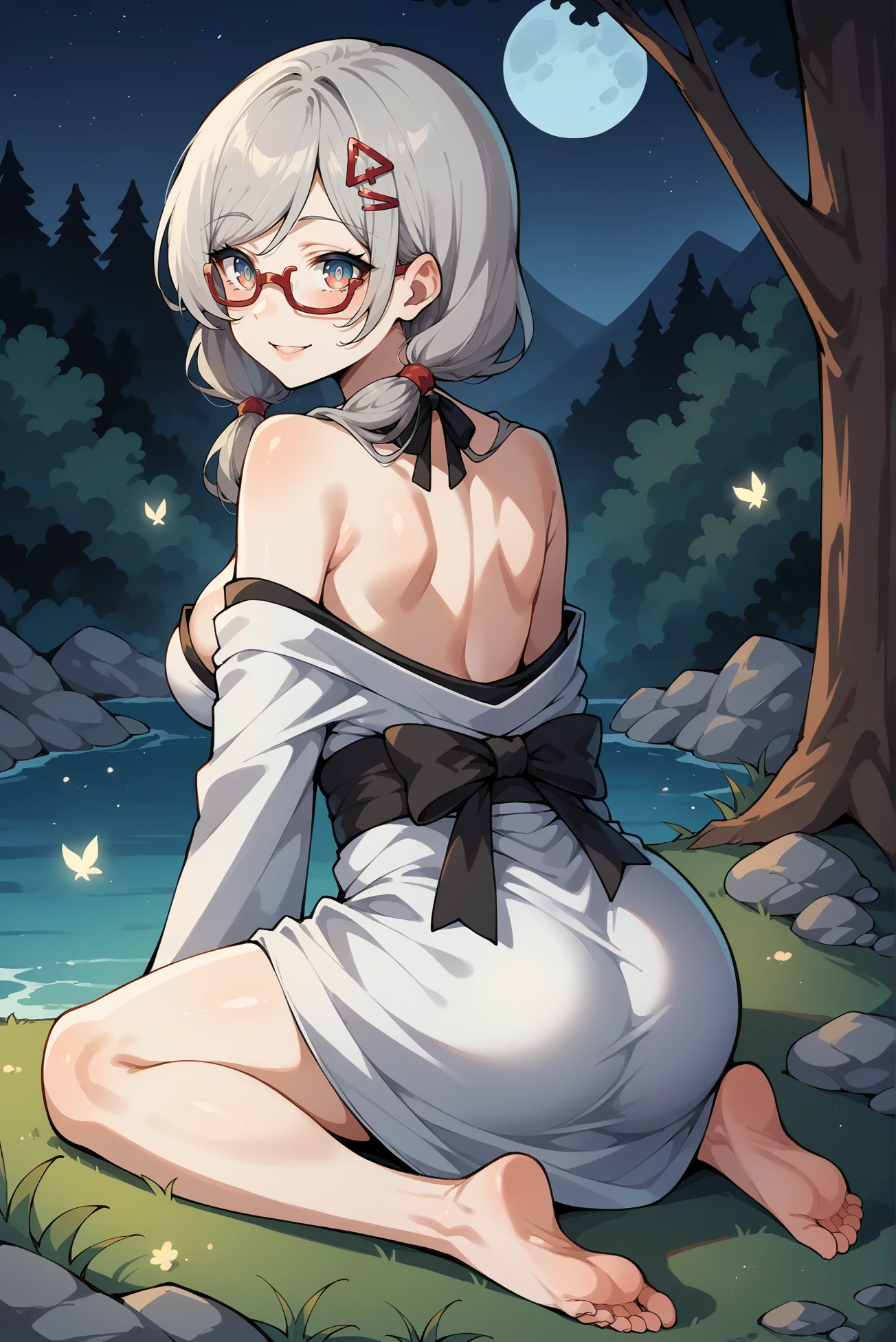rabbit girl,outdoor bath,moonlight,night,pond,stand in pond,light and shadow,nude,neck fur,pubic fur,blush,looking at viewer,wet body.armpits fur,wet legs,wet arms,sweat,glasses,side view,smile