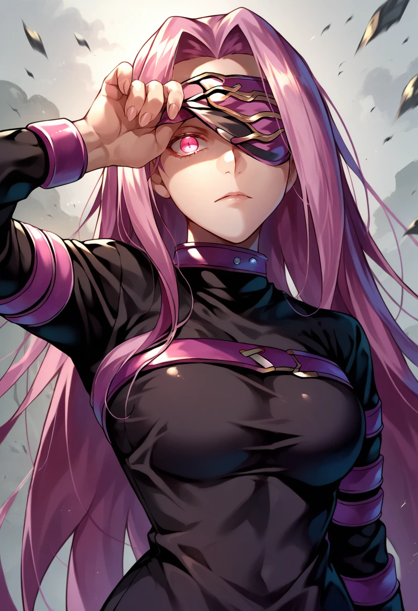 score_9, score_8_up, score_7_up, source_anime, 1girl, blindfold lift, blindfold, hand up, <lora:BlindfoldLift_XLPD:1>, covering one eye, upper body, medusa \(fate\), medusa \(rider\) \(fate\), pink eyes, black dress,