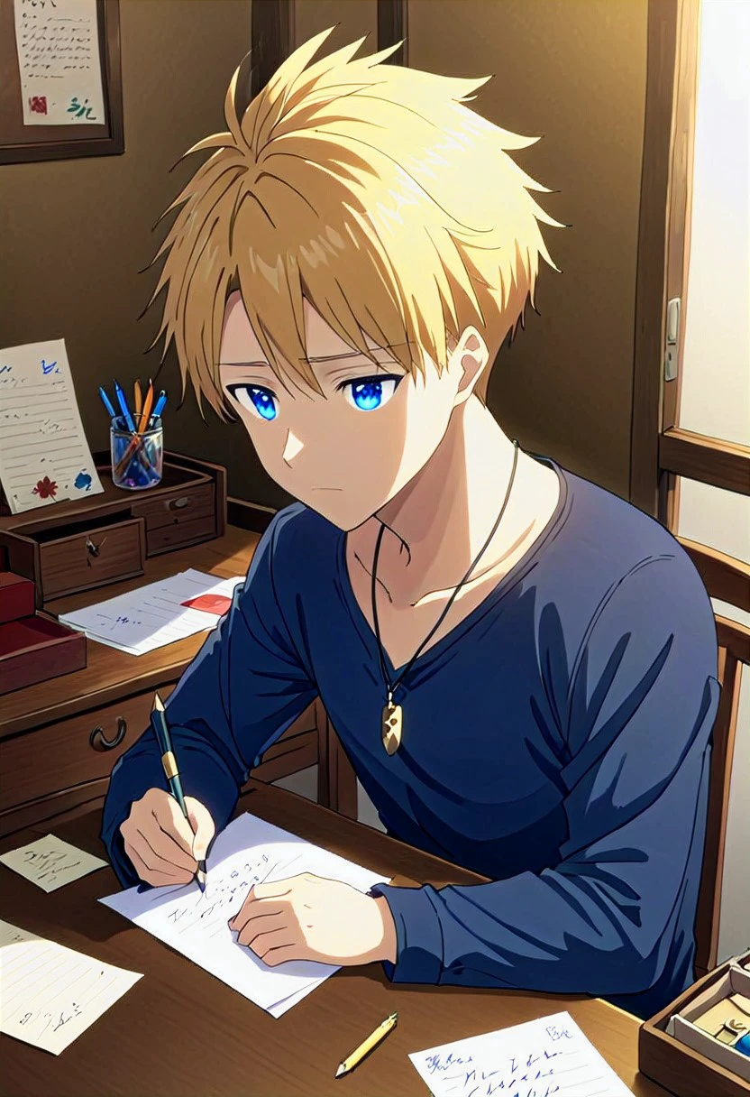 high resolution, solo, best quality, 1Boy, Yamato Ishida, Blonde Hair, Blue Eyes, Necklace, Writing a letter, stationery, heartfelt, personal,