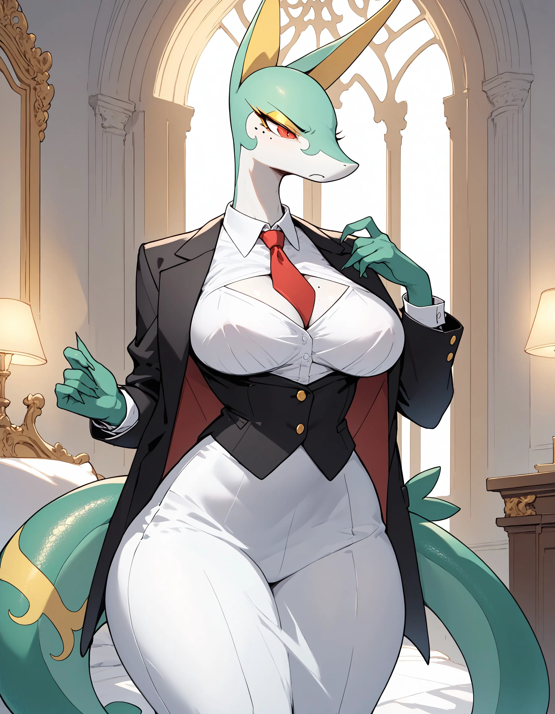 score_9, score_8_up, score_7_up, serpxl, red eyes, pokemon \(creature\), anthro, wide hips, :o, snake, serpent, 1girl, solo focus, Expressiveh, luxurious mansion, banquet, yellow suit, tuxedo, jacket, long pants, white shirt, necktie, big breasts, elegant, mole under eye, yellow eyeshadow, irritated, annoyed, <lora:3dd21200-9740-40e0-99e6-fbc9aa9e5389:0.8>, <lora:7ec47181-66fd-458d-94ca-dd9d4ce04993:1.0>, <lora:cefaa866-a58e-40ba-a219-79ab392f7d60:0.6>