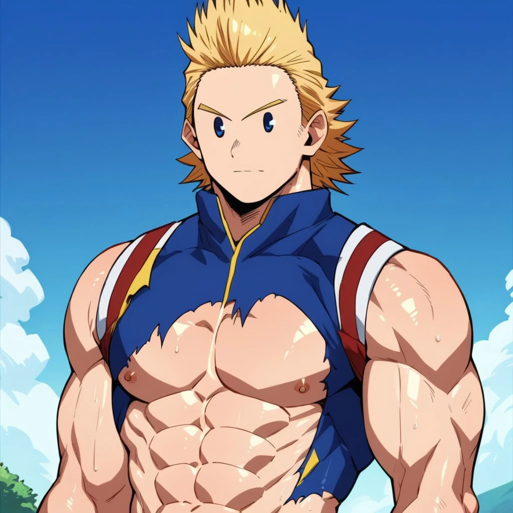  naked , big cock , huge penis , stadium , whole body,whole body,smiling , muscular, huge muscle, big muscles, pectoral muscle , garden ,  , YOUNG , cheered up ,  digimon , 1boy, Alone, Yamato, Blue eyes, blond hair, spiked hair, Matt