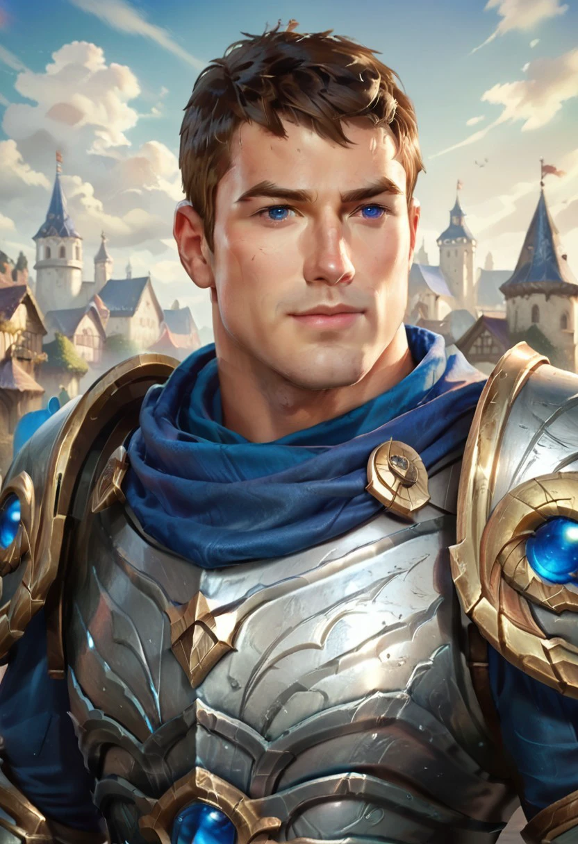 score_9, score_8_up, score_7_up, score_6_up, outdoors, medieval village, detailed background, sunset, vibrant saturated color, 1boy, garen from league of legends, Garen Crownguard, blue scarf, pauldrons, brown hair, blue eyes, muscle, armor, handsome face, detailed eyes