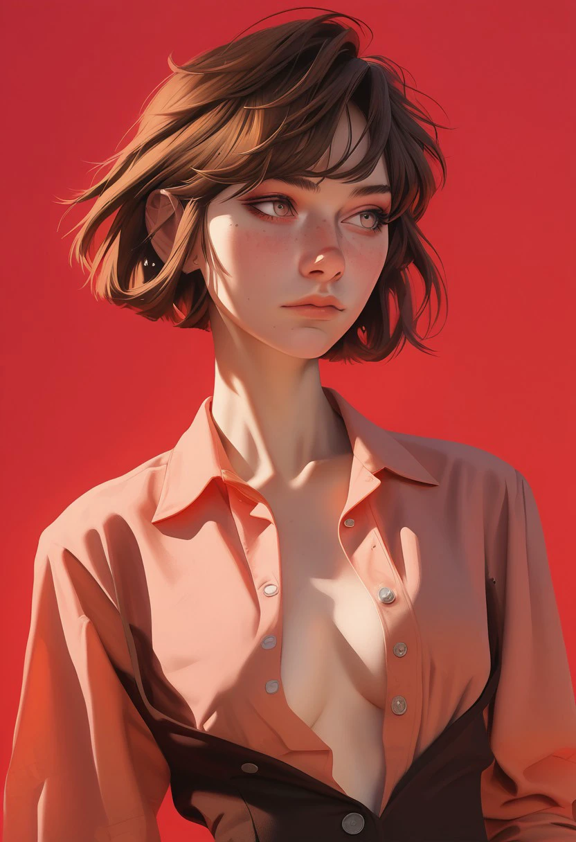 1girl, pretty face, freckles, manic pixie, short hair, brown hair, 
dress shirt, unbuttoned, 
FOV close up medium shot, 
simple pastel red background,
score_9,score_8_up