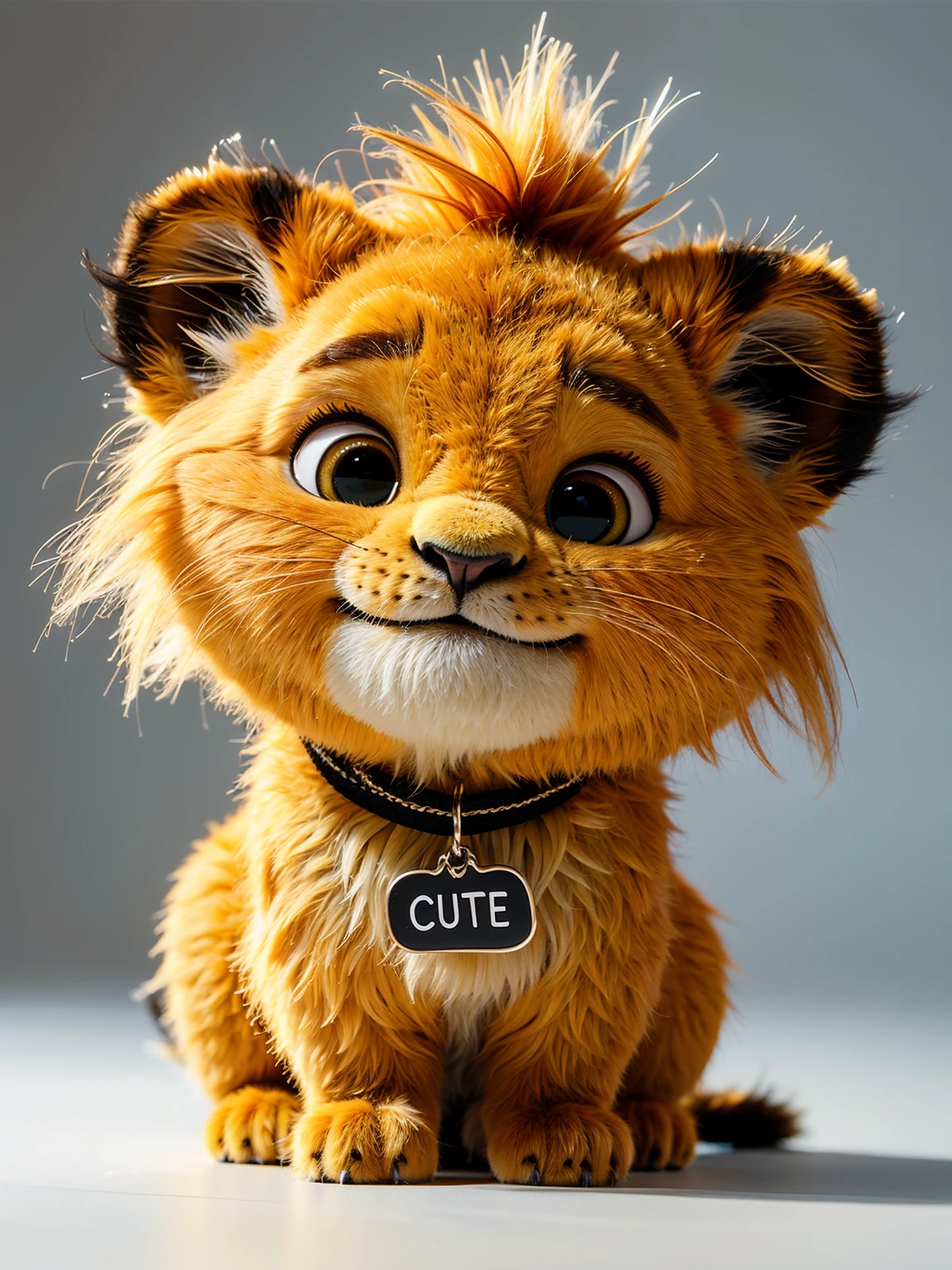fluffy animal,no humans,wearing a dog tag that says "cute",looking at viewer,lion,grey background,<lora:DESAnimal:0.6>,