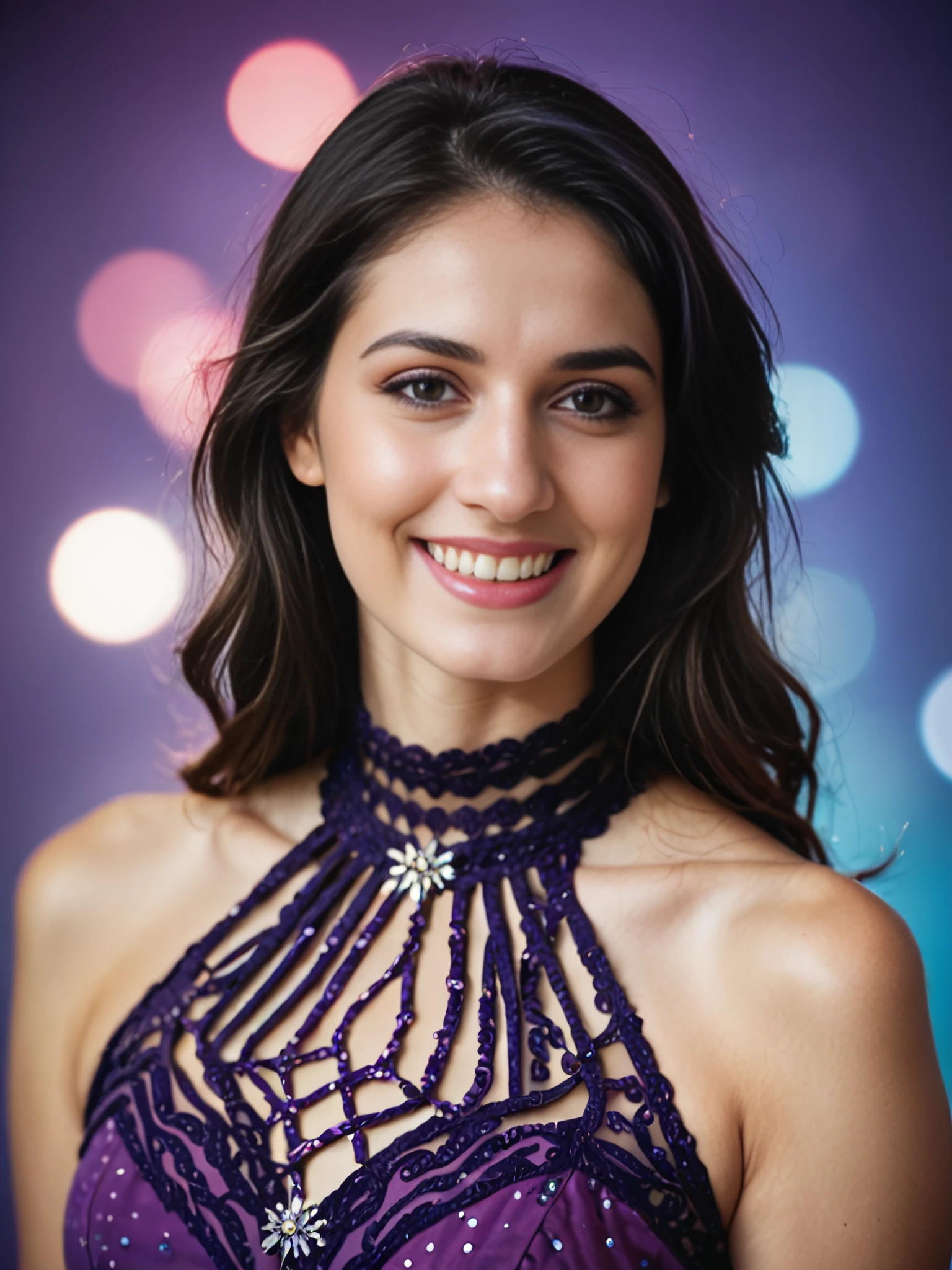 score_9, score_8_up, score_8,upper body photo, realistic, solo,smiling, Violet ethnic dress, censored, colorful background bokeh, rating_safe, <lora:Disha_Patani_PDXL_Base_LoRA_prodigy_local_WD14:0.8>