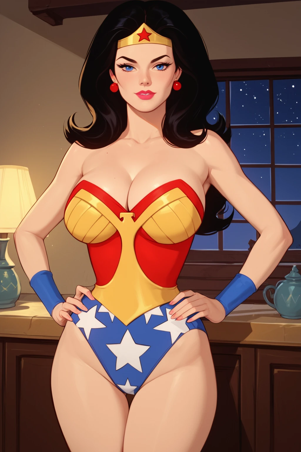 PonyXLV6_Scores BREAK (retro artstyle 1980s (style)), <lora:add-detail-xl:1>, ((zPDXL2)), (absurd resolution, perfect anatomy), <lora:Wonder_Woman:0.8> diana prince, black hair, long hair, blue eyes, lipstick ((looking at viewer)), bare shoulders, cleavage, leotard, tiara, jewelry, earrings, wristband, star print, large breasts, curvy, toned, athletic, thigh gap, sexually suggestive, standing, hands on hip, indoors