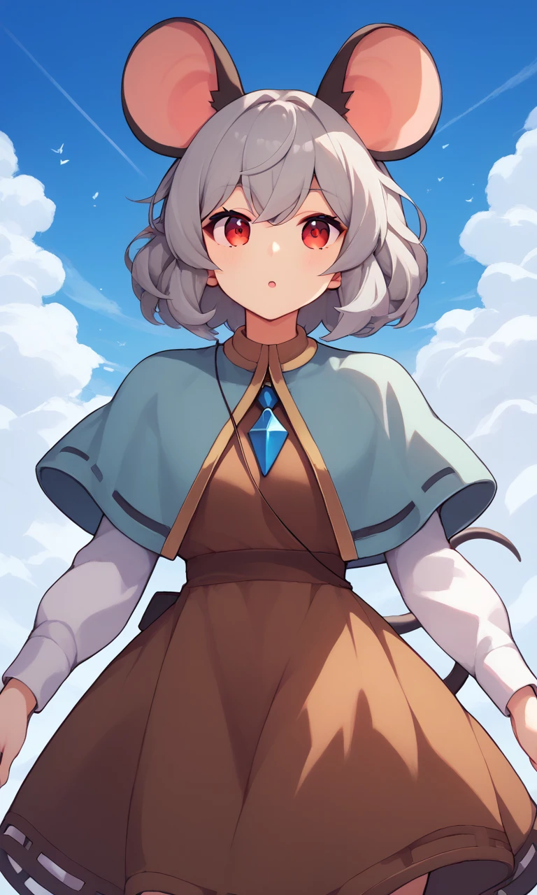 score_9, score_8_up, score_8, score_9, 1 girl,  source_anime, nazrin, mouse ears, mouse tail, grey hair, capelet, brown dress, white sleeves, red eyes, [pendant], <lora:nazrin_pony-10:1.0>, detailed background, sky, <lora:Fizintine_Art_Style_Pony_DIffusion:0.8> by fizintine