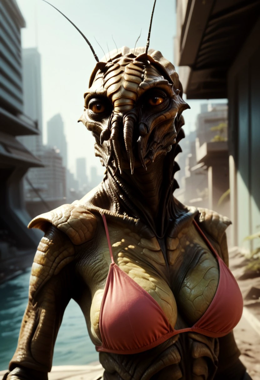 (((beautiful, high quality, realistic))), upper Body, score_9, score_8_up, score_7_up, 1girl, solo, large breasts, curvy, thin, alien, bikini top, no humans, monster, science fiction, antennae, extra arms, (big city background:1.4)