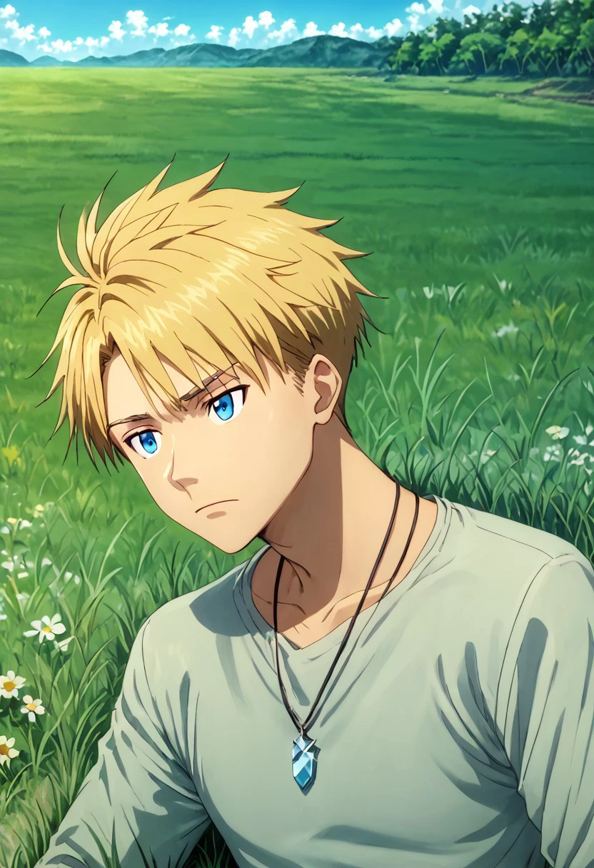 high resolution, solo, best quality, 1Boy, Yamato Ishida, Blonde Hair, Blue Eyes, Necklace, Lying on grass, looking at sky, relaxed, dreamy,