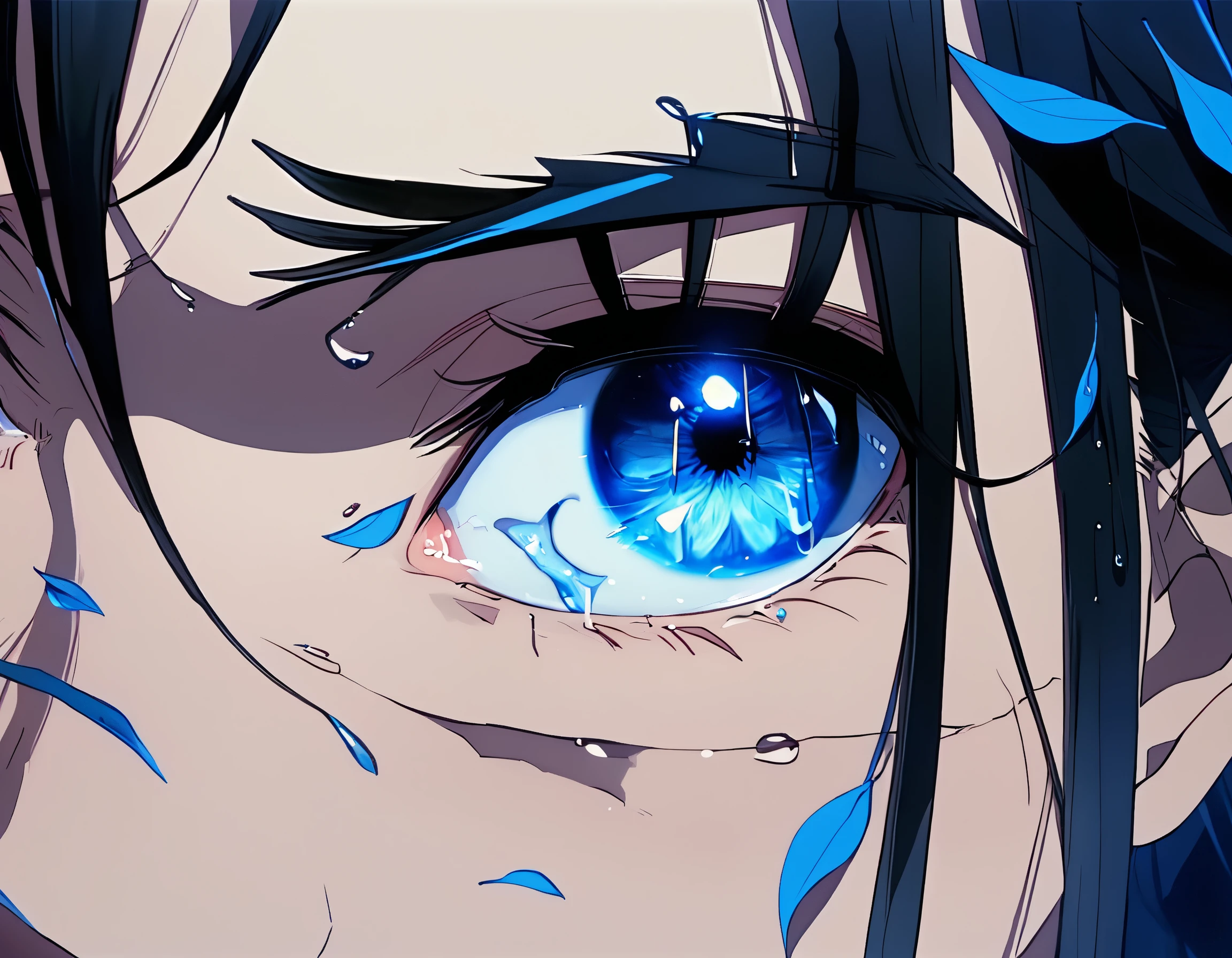 anime character with blue eyes and black hair crying blue leaves