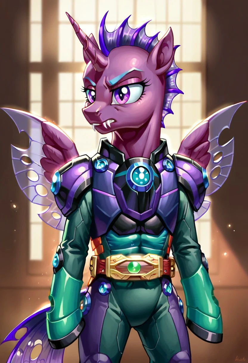 score_9, score_8, score_7, (source_pony, changeling, alicorn),  
solo, armor, tokusatsu, bodysuit, rider belt, green bodysuit, purple armor