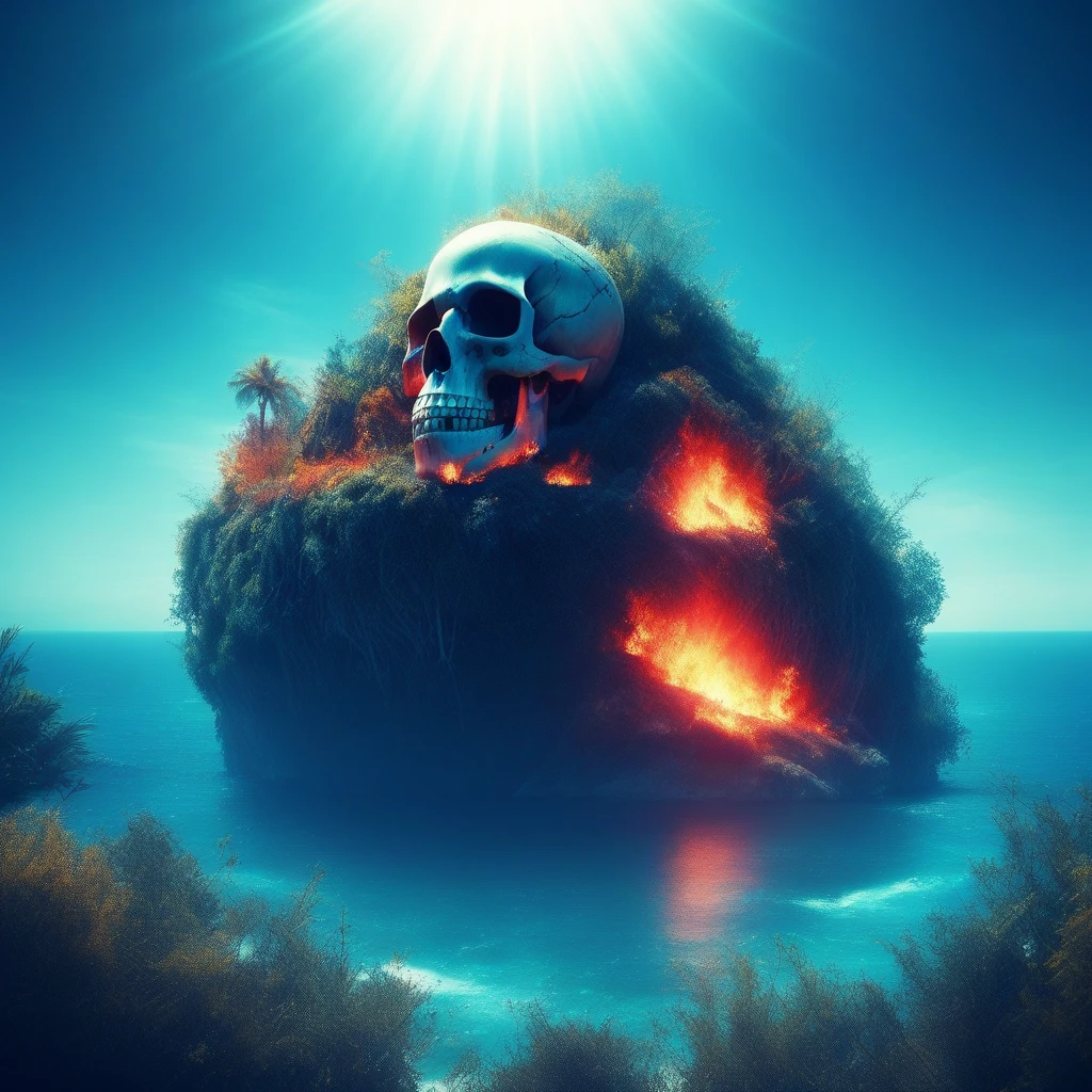 house, light leaks, outdoors, ocean, scenery, light rays, sky, skull, burning, planet, coral, science fiction, overgrown, water