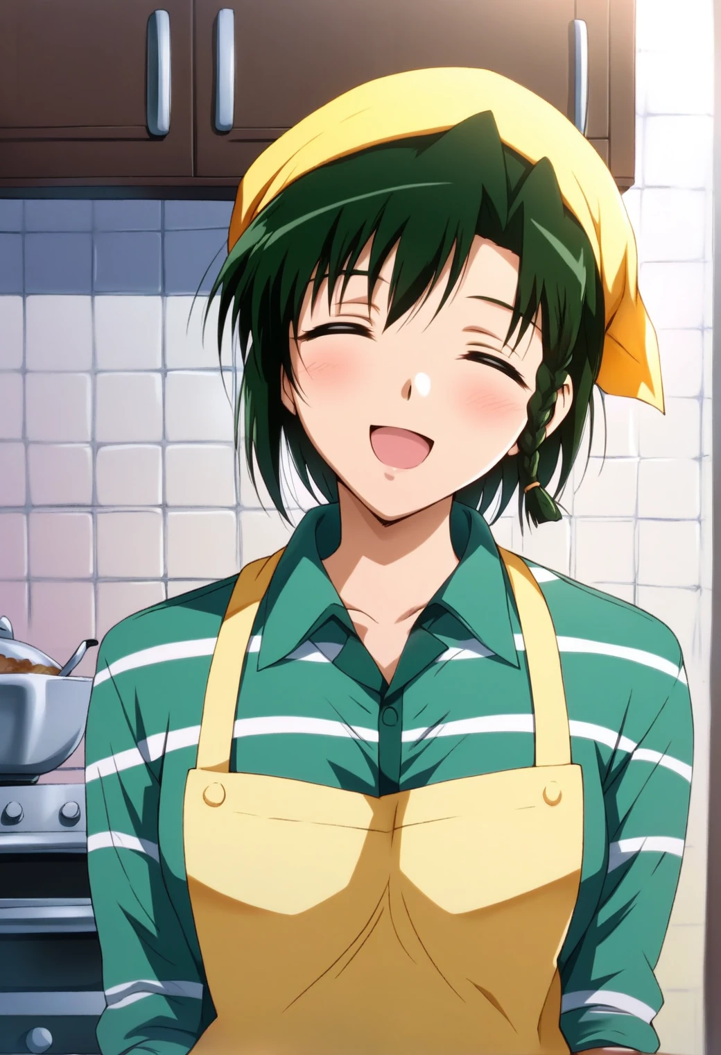<lora:ichijou_karen_ponyxl_v3:0.8>, ichijou karen, solo, green hair, side braid, facing viewer, standing, smile, open mouth, closed eyes, head tilt,
striped shirt, green shirt, white shirt, collared shirt, (yellow bandana), yellow apron,
kitchen, tile wall,
score_9, score_8_up, score_7_up, score_6_up, anime coloring, (hara \(harayutaka\):0.5), (m-da s-tarou, asou \(asabu202\):0.5), high quality, detailed, beautiful, shiny, outstanding, countershading, detailed soft lighting