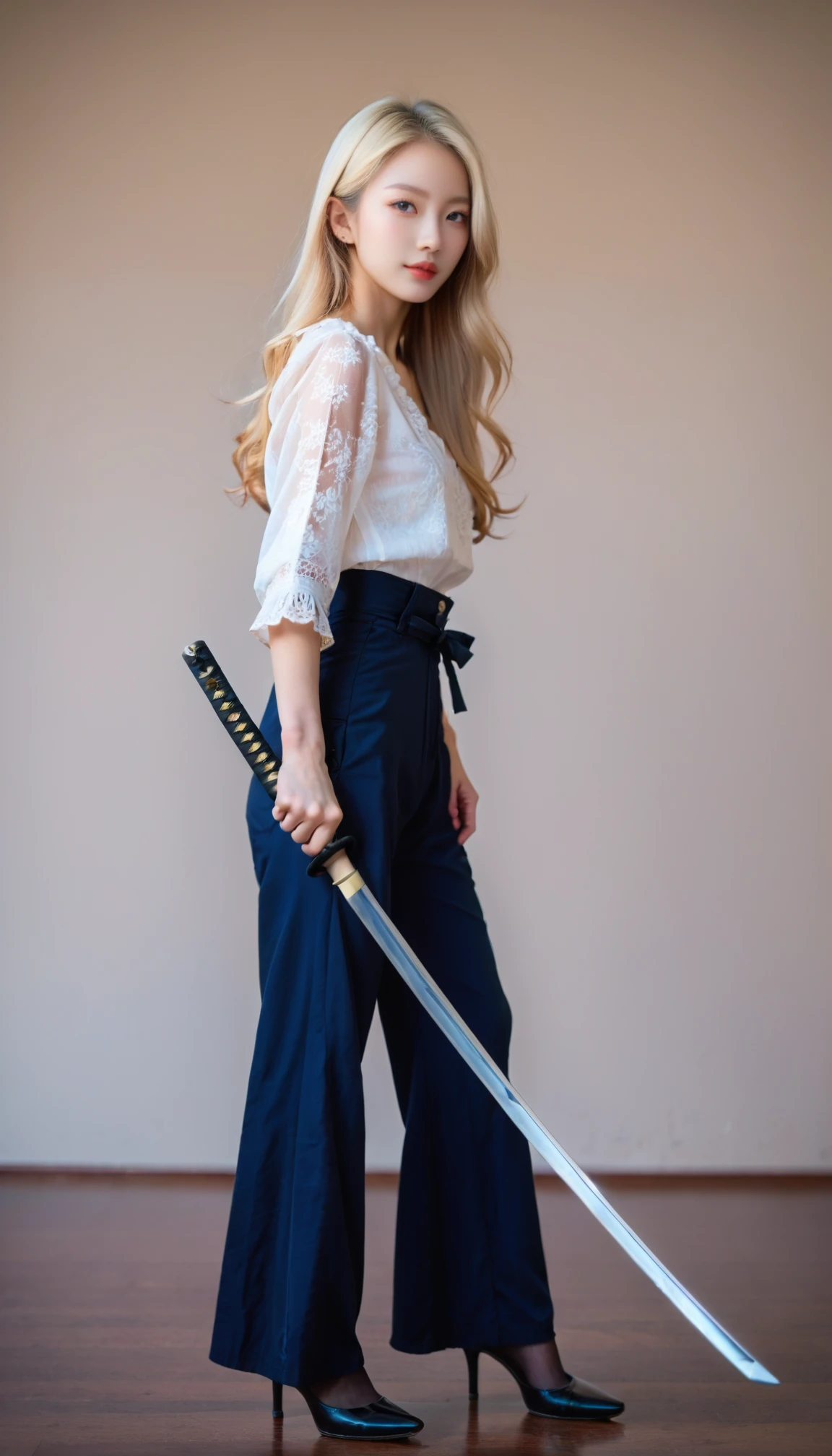 1girl, pantyhose, high heels, blonde hair, wearing shorts, Lace Blouse,   stand, realistic, photorealistic, simple background,  long hair,   masterpiece, best quality, 8k, score_9, score_8_up, score_7_up,
(holding katana, katana),  blur background, 
<lora:katana-2:1>