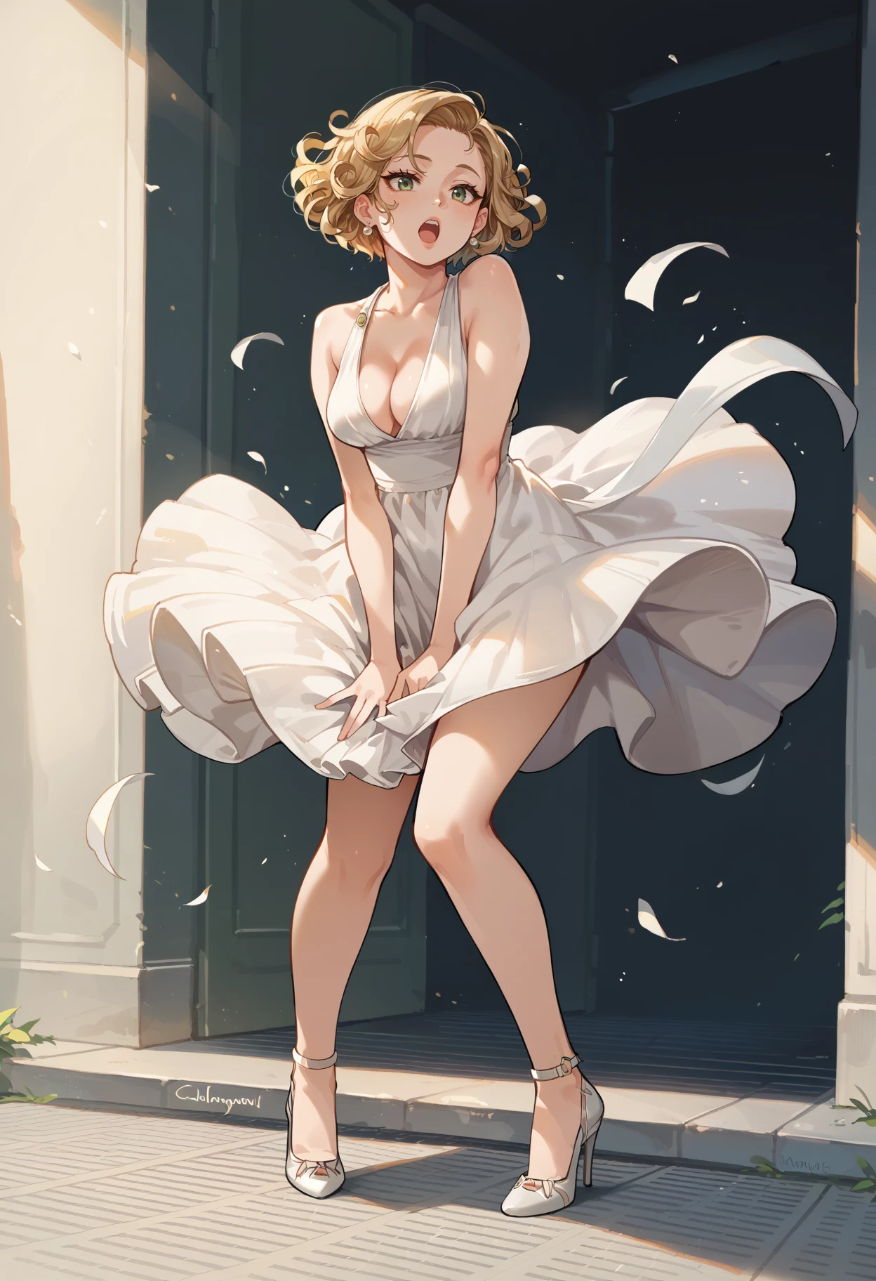 score_9,score_8_up,score_7_up,absurdres,1girl,solo,dress tug,standing,white dress,open mouth,<lora:dress_tug-000025:0.9>,dress_tug,wind,wind lift,marilyn monroe,stiletto heels,looking_to_the_side,short hair,curly hair,breasts,earrings,jewelry,cleavage,