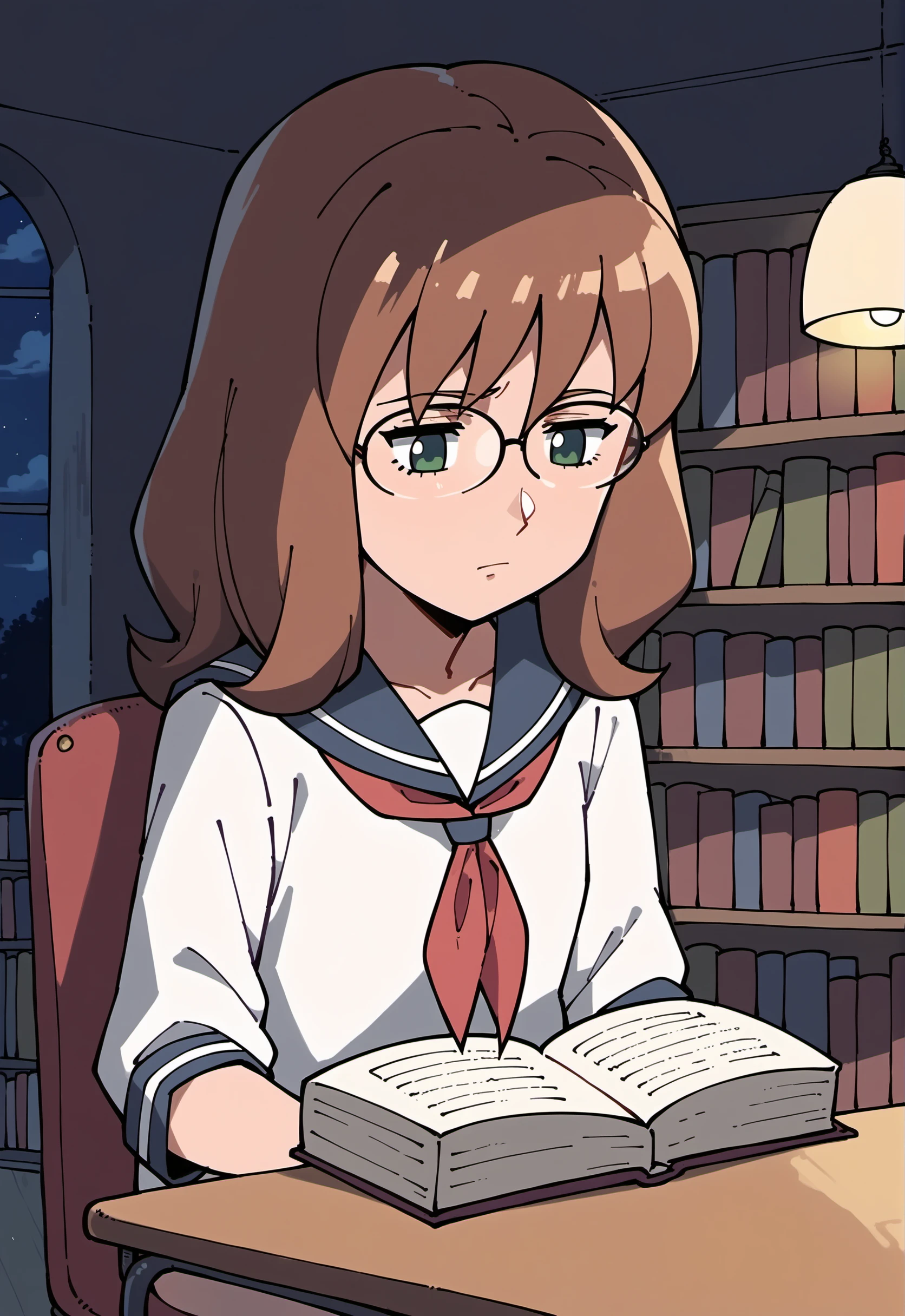 score_9, score_8_up, score_7_up, score_6_up,
BREAK
SharlaMWS, 1girl, sharla \(mujin wakusei survive\), green eyes, glasses, brown hair, medium hair, bangs, solo, small breast, upper body, sleepy, looking down, studying, sitting, looking down, on chair, 
BREAK
serafuku, school uniform, 
BREAK
indoors, desk, desk lamp, dim lighting, night, dark, open book, pile of books, library, bookshelf, chair   <lora:Sharla_PlanetSurvival:1>