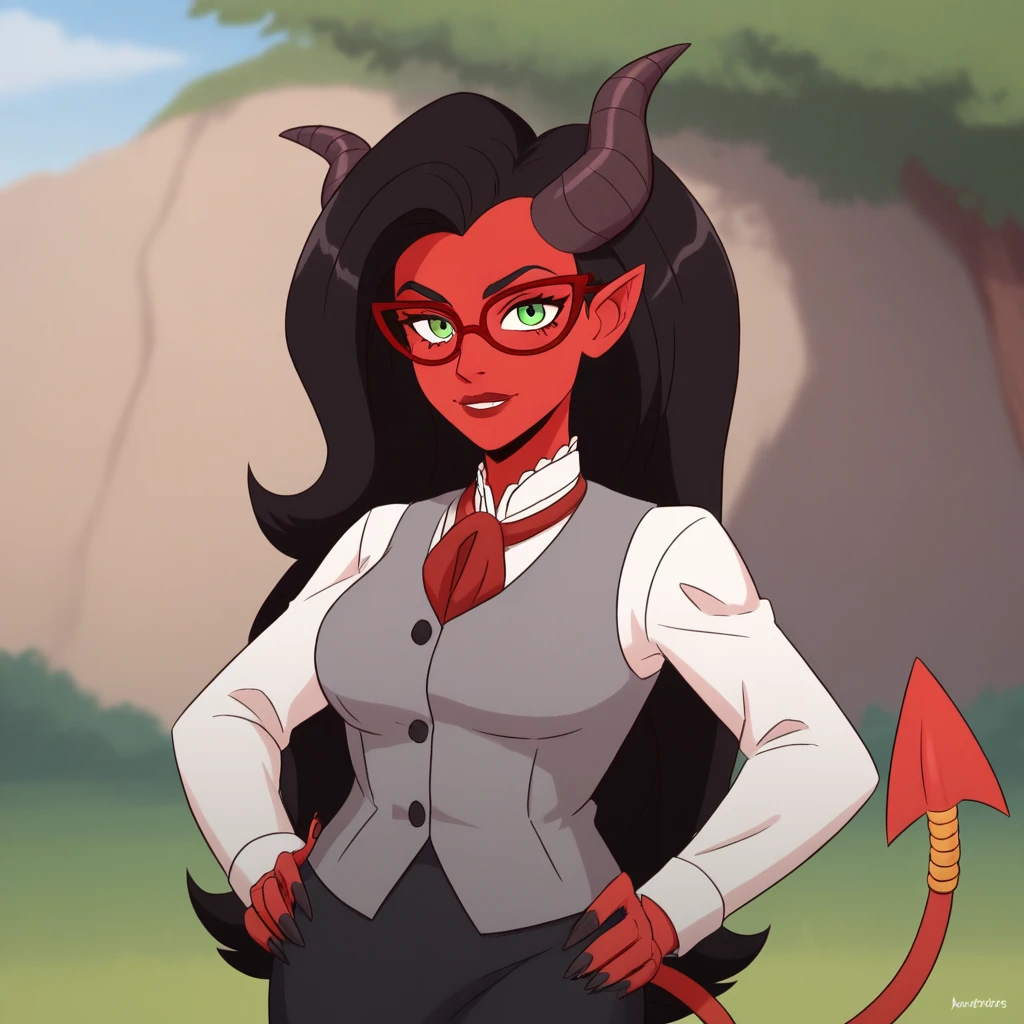 score_8_up, BREAK, WyvernaDretch, 1girl,  solo, black hair, long hair, green eyes, horns, red skin, red glasses, white shirt, grey vest, pencil skirt, cowboy shot,  <lora:WyvernaDretch_PXL_Leaf1:0.8>, looking at viewer, hands on own hips, tail, outdoors, depth of field, standing,