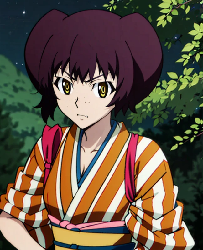 1girl, 24 years old, (looking at viewer), close up, in the forest, at night,
<lora:y05h13-000007:.75>, yellow eyes, short double bun hairstyle, maroon hair, (medium breasts, cleavage),  (hair ribbons:1), japanese clothes, striped kimono,
<lora:animemix_v3_offset:.5>