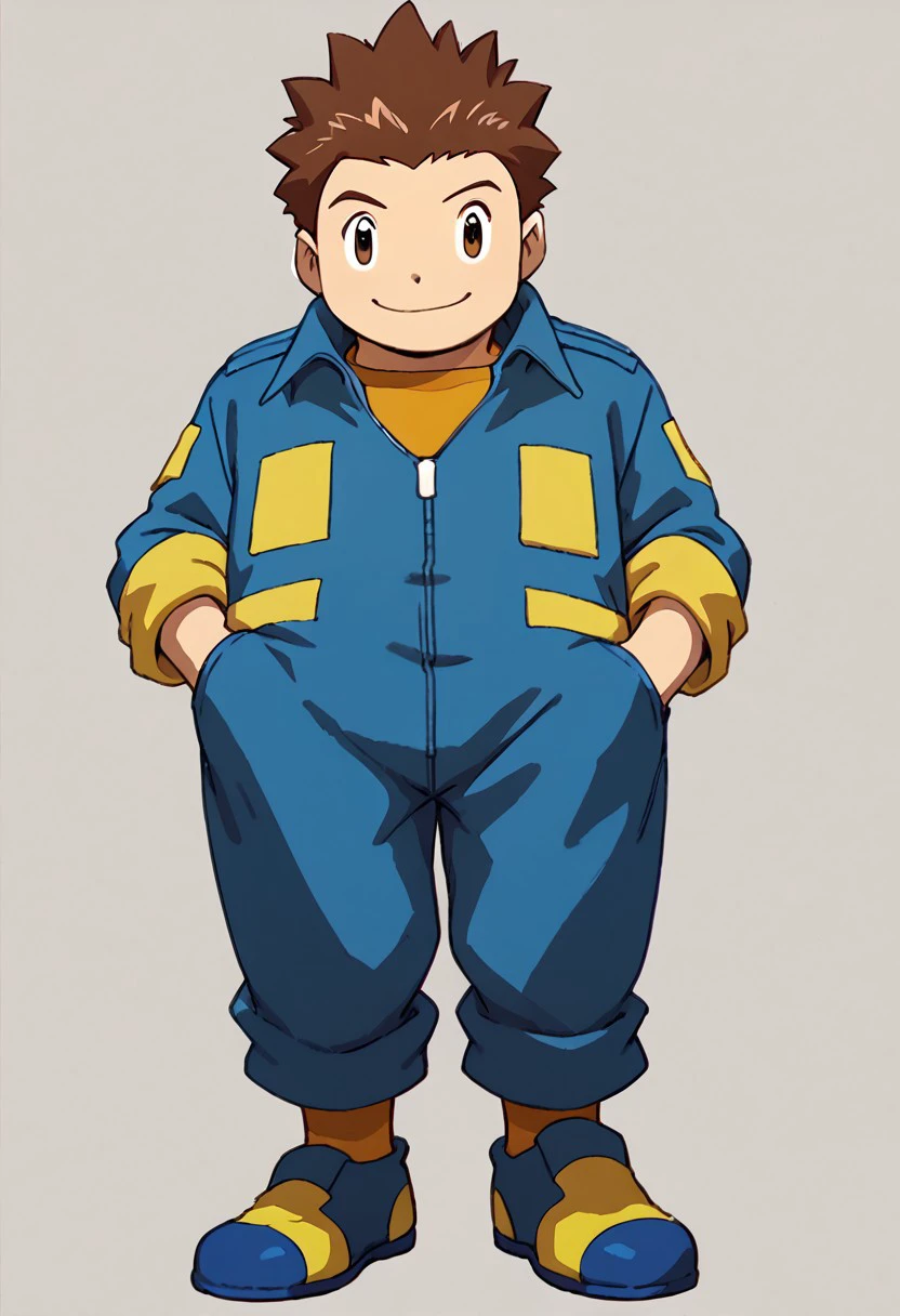 score_9, score_8_up, score_7_up BREAK JPDFr, 1boy, brown hair, brown eyes, blue jumpsuit with yellow accents, yellow cuffs, yellow pockets, socks, blue yellow shoes, smiling at viewer,