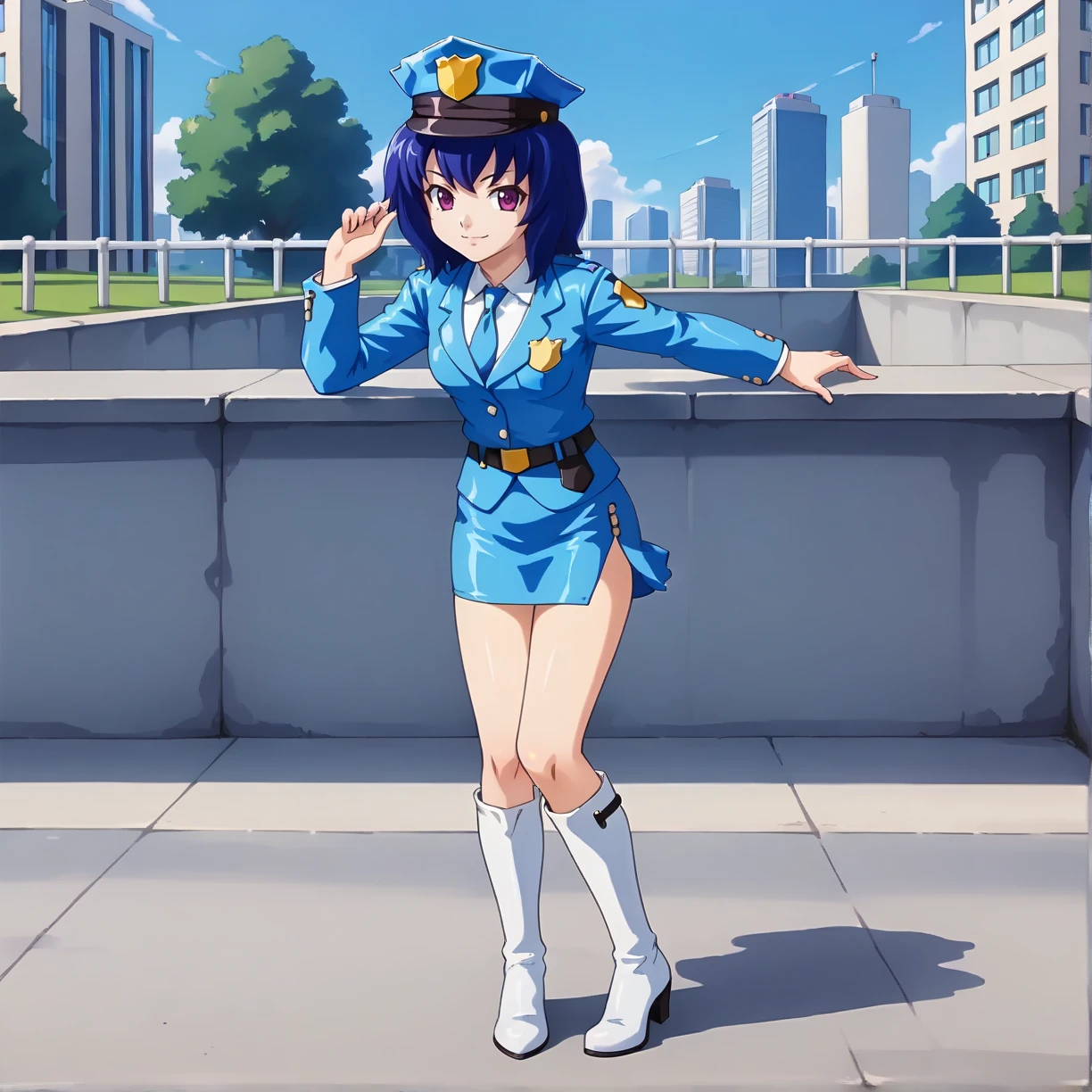 <lora:MSPAoiXLpony001>,
smile,
solo,
MSPAoi,1girl,blue hair,medium hair,red -purple eyes,
police hat,
police_uniform,blue jacket,necktie,
belt,blue skirt,mini skirt,
white boots,
white boots,high_heel_boots,
outdoors,
full body,standing,leaning_forward,