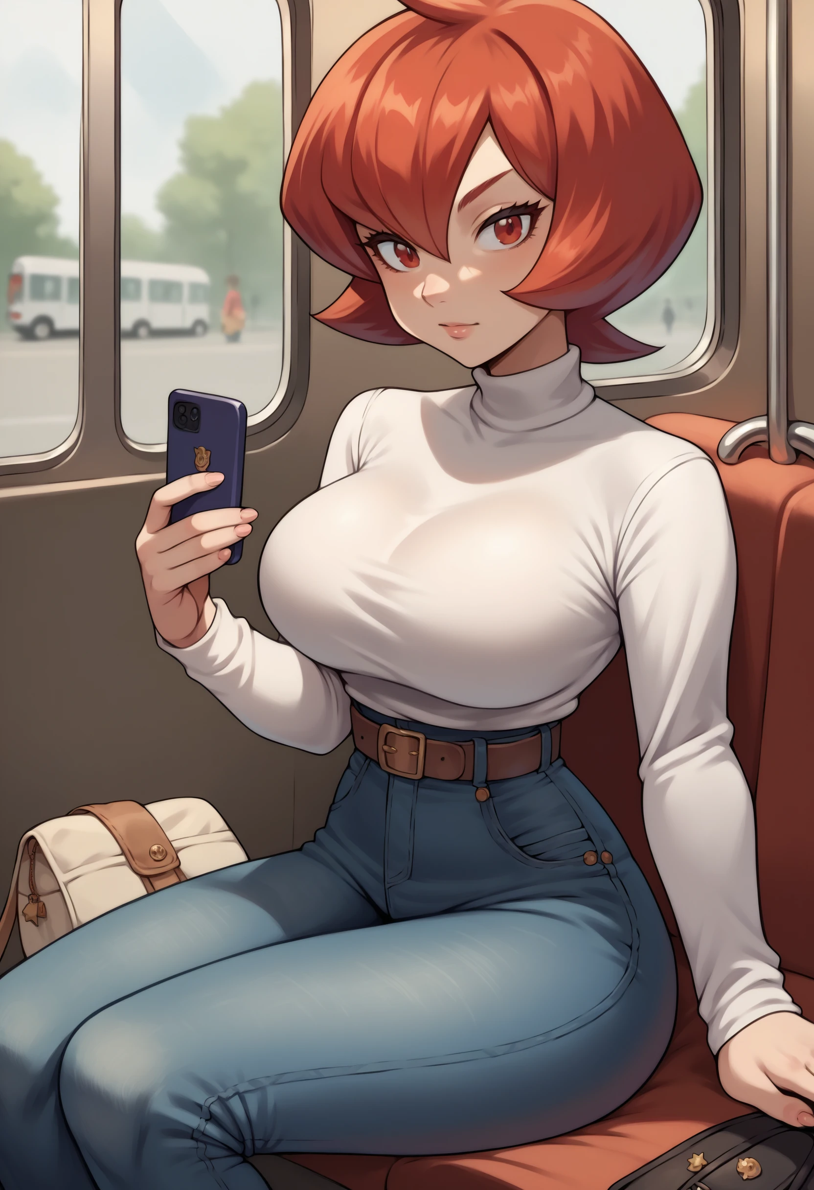 score_9, score_8_up,score_7_up, source_anime, 1girl, solo, EPGingadanMars, red eyes,  short hair, red hair,
large breasts, sweater,tight clothing,sitting,subway,looking at phone,high-waist jeans,bag,belt,
<lora:Mars_pdxl_EliPot:1>