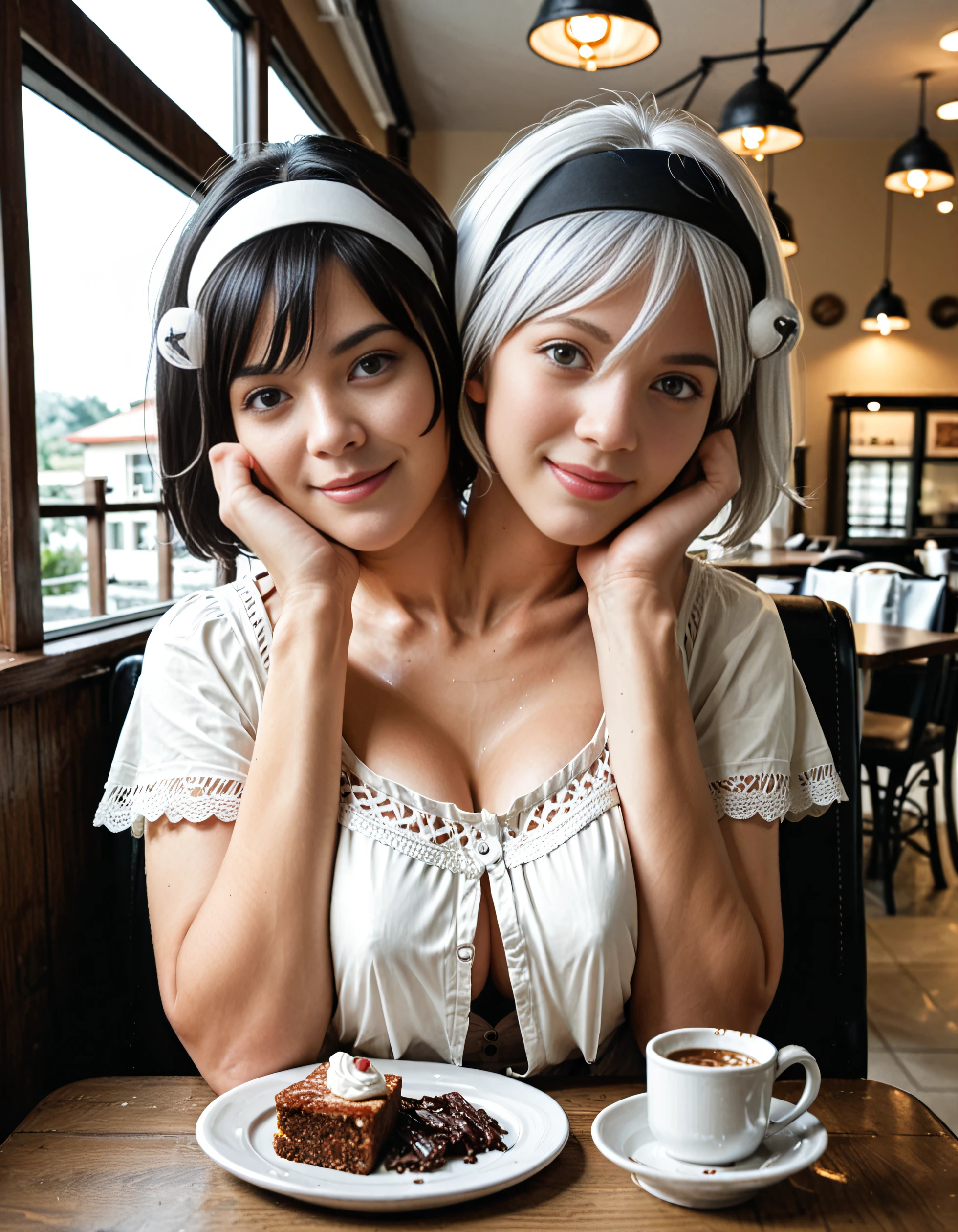 score_9, score_8_up, score_7_up, score_6_up, raw photo, source_realistic, <lora:natsufuyu2-pxl:1>, natsufuyu, hairband, short hair, smile, black hair, white hair, silver eyes, yellow eyes, breasts, blouse,  2 heads, short,  <lora:PONYXL_CONCEPT_PovDating_ownwaifu:1>, CONCEPT_PovDating_ownwaifu, pov across table, pov dating, looking at viewer, indoors, sitting, food, cup, upper body, table, plate, restaurant, drinking glass, chair