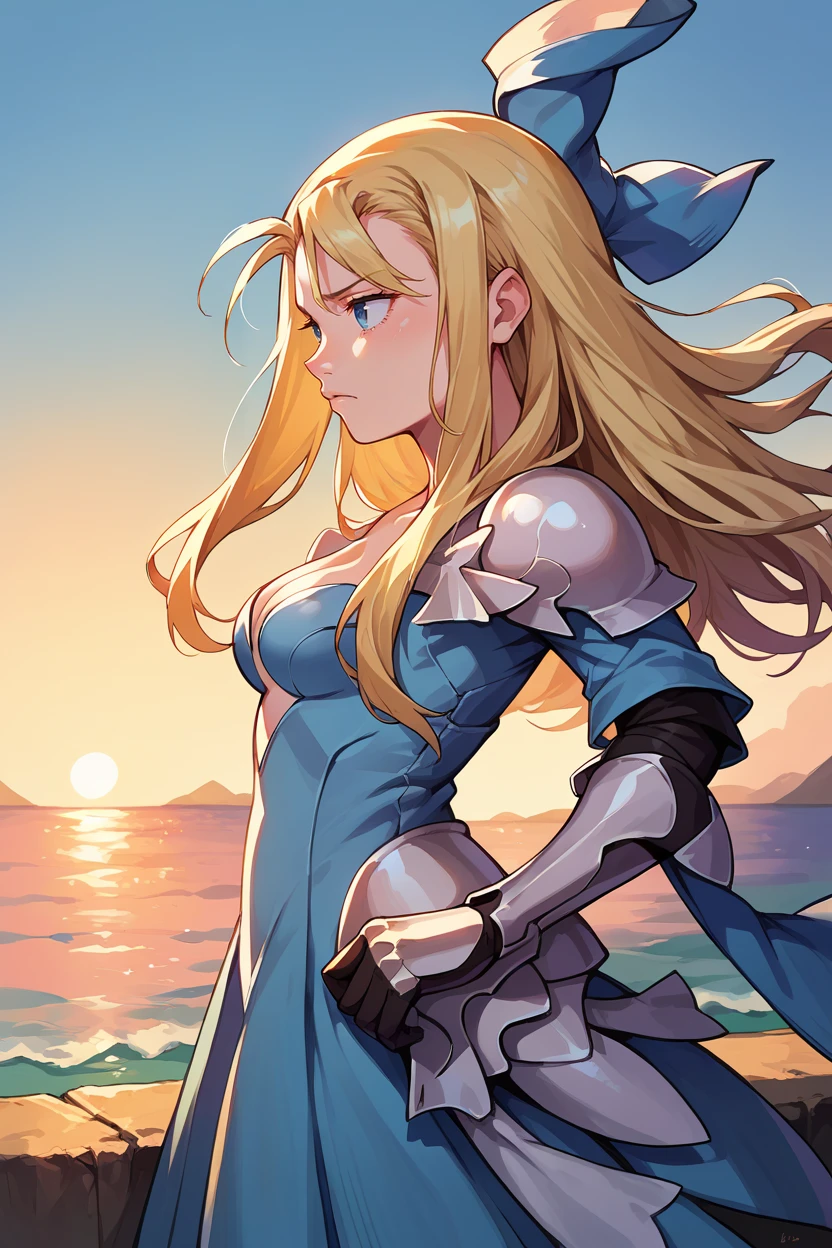 score_9, score_8_up, score_7_up, score_6_up, source_anime BREAK 1girl, solo  <lora:edealee-pdxl-nvwls-v1-000005:1> bsEdea, blonde hair, blue bow, hair bow, blue dress, cleavage, armor, gauntlets, armored boots, from side, sunset, ocean, sad