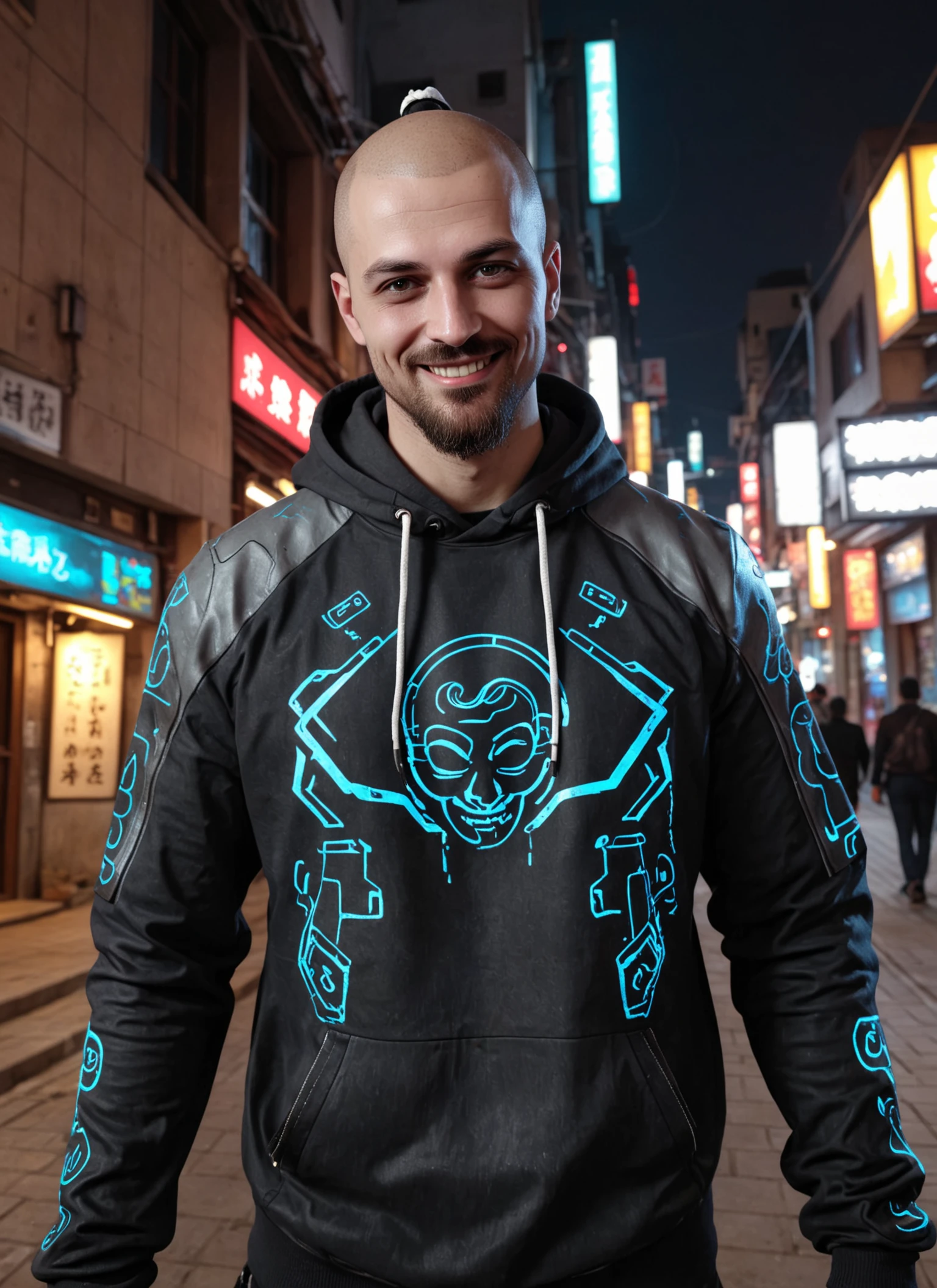 photorealistic 8k raw photo of a man, zdnlz, Cyberpunk Hacker Outfit, smile, dynamic pose, perfect sharp eyes, highly detailed skin texture, Lantern-lit Temples, <lora:DoNLoRa XL - 03:1>