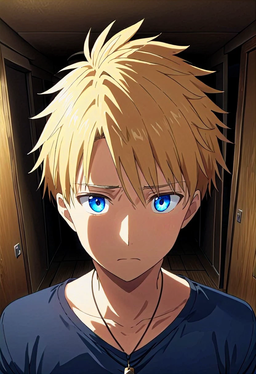 high resolution, solo, best quality, 1Boy, Yamato Ishida, Blonde Hair, Blue Eyes, Necklace, Kabedon POV, Dark Shirts, Speechless, shy, POV, Kabedon,