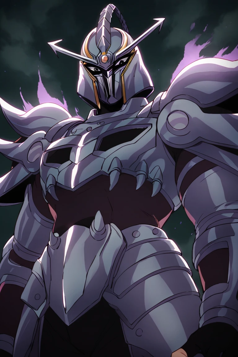 score_9,score_8_up,score_7_up,source_anime,1boy,solo,looking at viewer,Hyunckel,black eyes,standing, Dark Armour Blade,full armor,weapon on head, aura, dark, purple aura,gloves, black gloves, close-up, from below<lora:EMS-416500-EMS:1.000000>