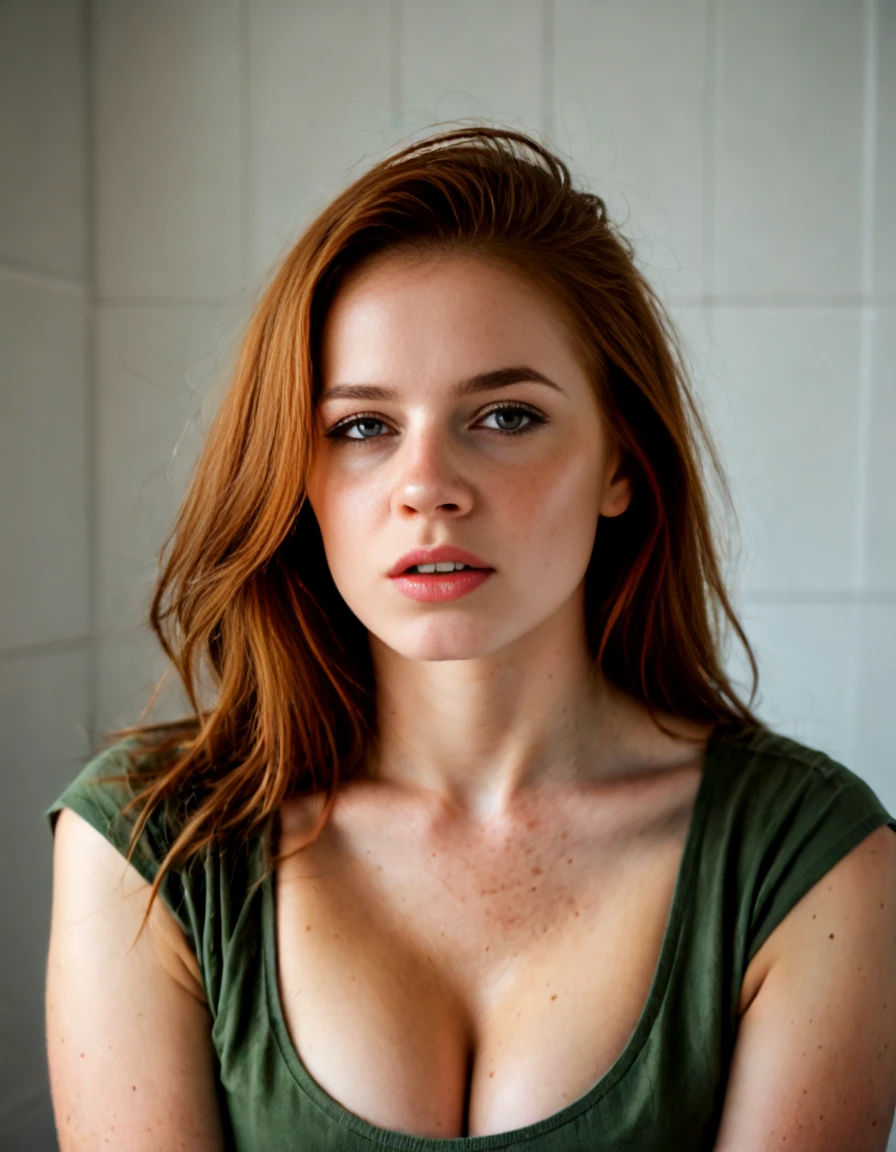 score_9,score_8_up,realistic,1girl,<lora:Redheads:1>,red hair,freckles,parted lips,shirt,cleavage,