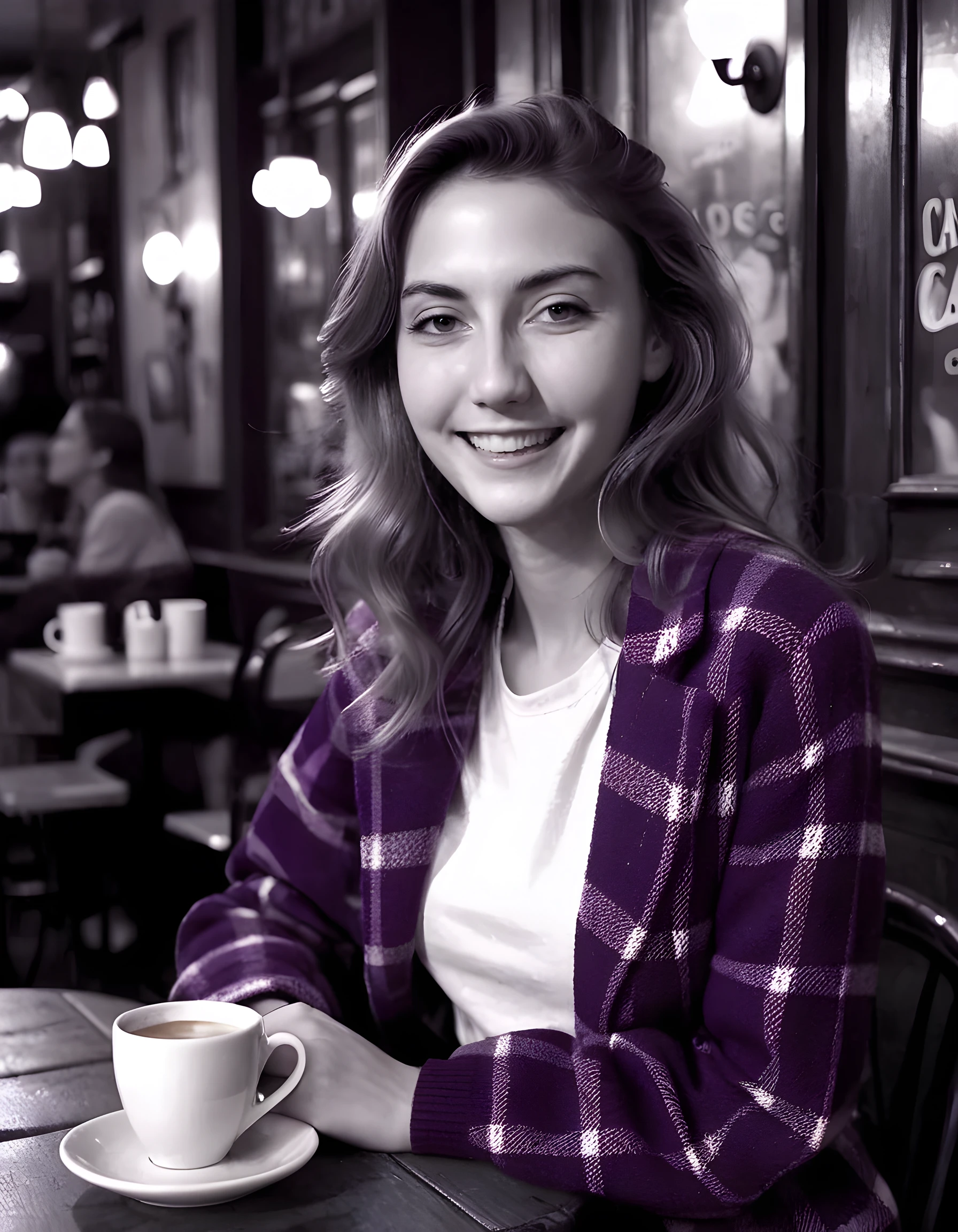C0URTN3Y, In a captivating, high-contrast black and white photograph, the image is centered on a striking, young woman with a radiant smile, dressed in an eclectic ensemble that contrasts sharply against the dimly lit, vintage Parisian café. She leans casually against a rustic wooden table, her slender hand gracefully cradling a steaming cup of coffee. Her plaid red jacket is artfully draped over one arm, revealing a crisp white t-shirt adorned with a delicate, purple sweater peeking out from beneath. The soft glow of the café's warm, flickering candlelight bathes her face in an ethereal, dreamy light, while the shadowy, romantic ambiance of the dimly lit café creates a mood of quiet intimacy and timeless elegance.
