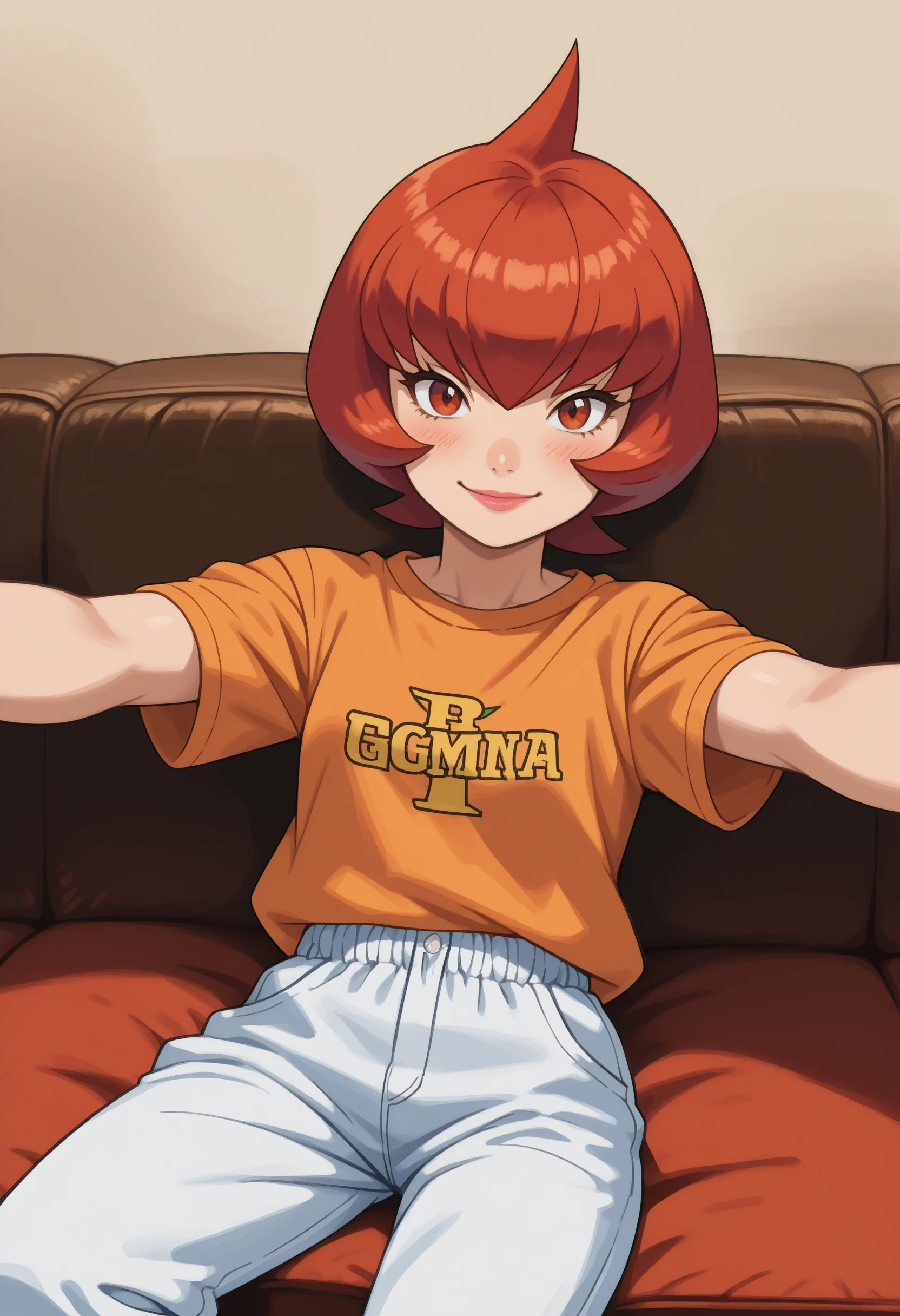 score_9, score_8_up,score_7_up, source_anime, 1girl, solo, EPGingadanMars, red eyes,  short hair, red hair,
pink lips, orange t-shirt, baggy pants, outstretched arms, blush smiling, sitting on couch, in living room, looking at viewer, pov, incoming hug,
<lora:Mars_pdxl_EliPot:1>