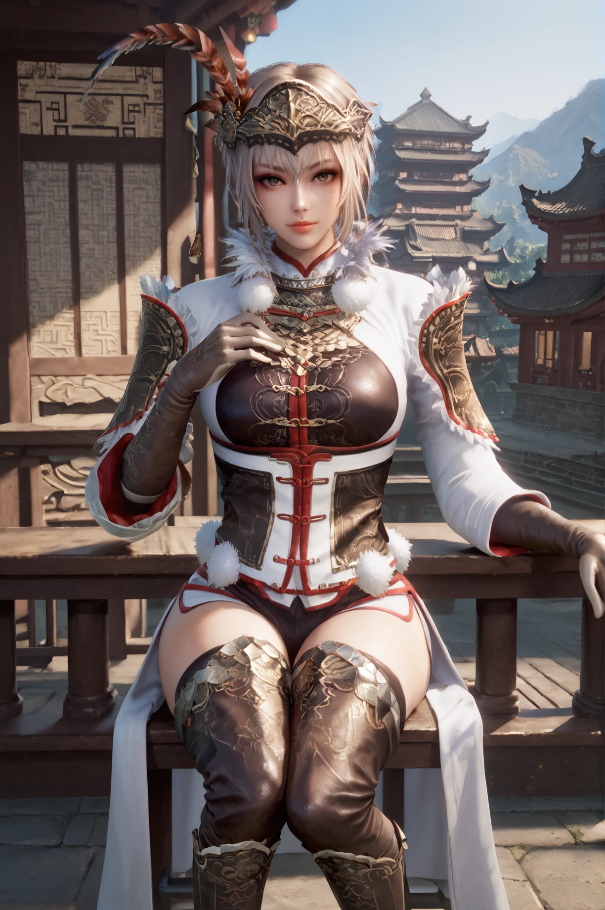 score_9, score_8_up, score_7_up, A woman sitting on a stool with one leg bent, the other stretched out, leaning on one hand., <lora:Lu_Lingqi_Dynasty_Warriors:1>1 girl, solo, short hair, armor, gloves, helmet, feathers, fur trim, thighhighs, looking at viewer, east asian architecture